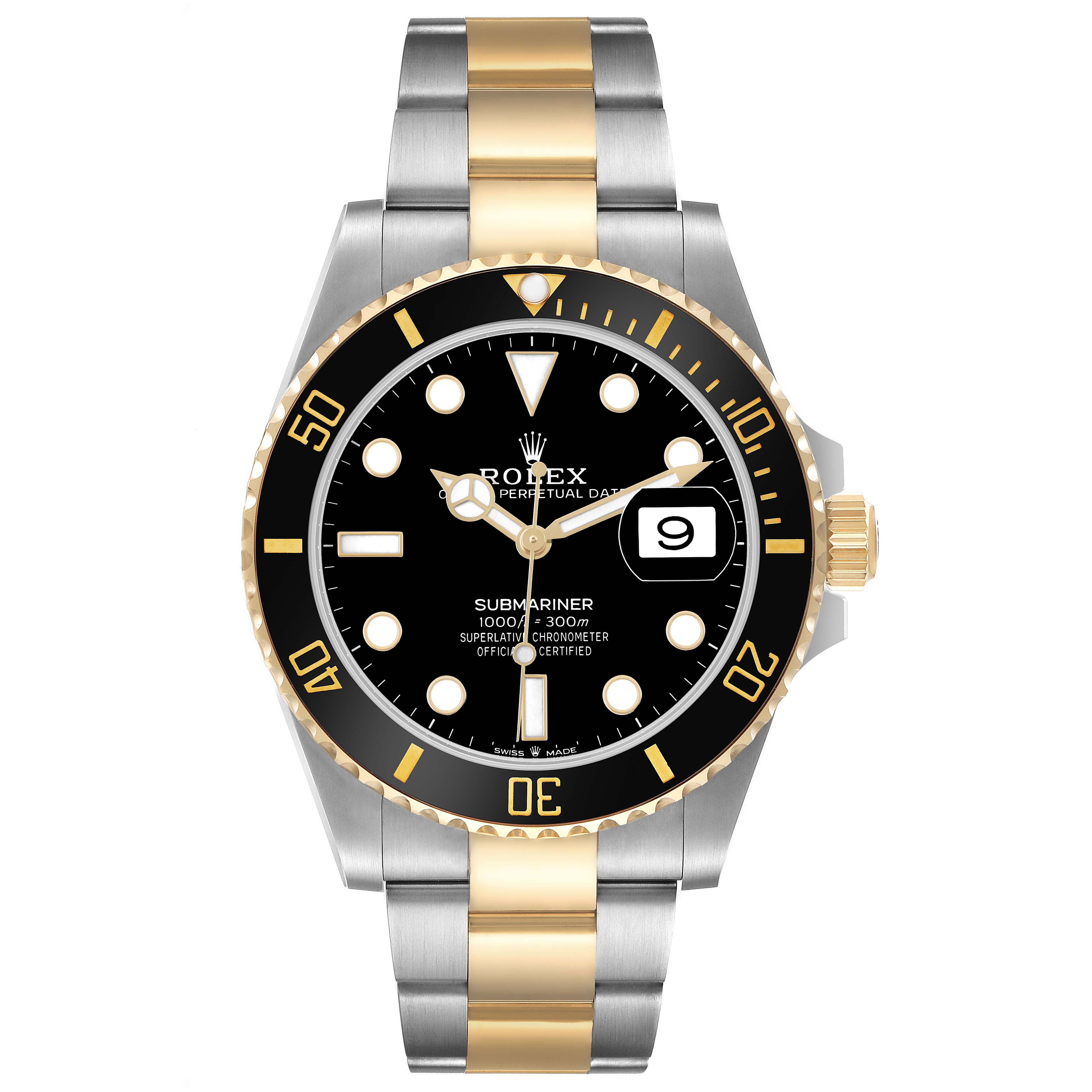 The Rolex Submariner M126613LN-0002 Men's Steel and Gold (two tone) Black Dial watch is shown from a front angle, displaying its black dial, two-tone bracelet, and rotating bezel.