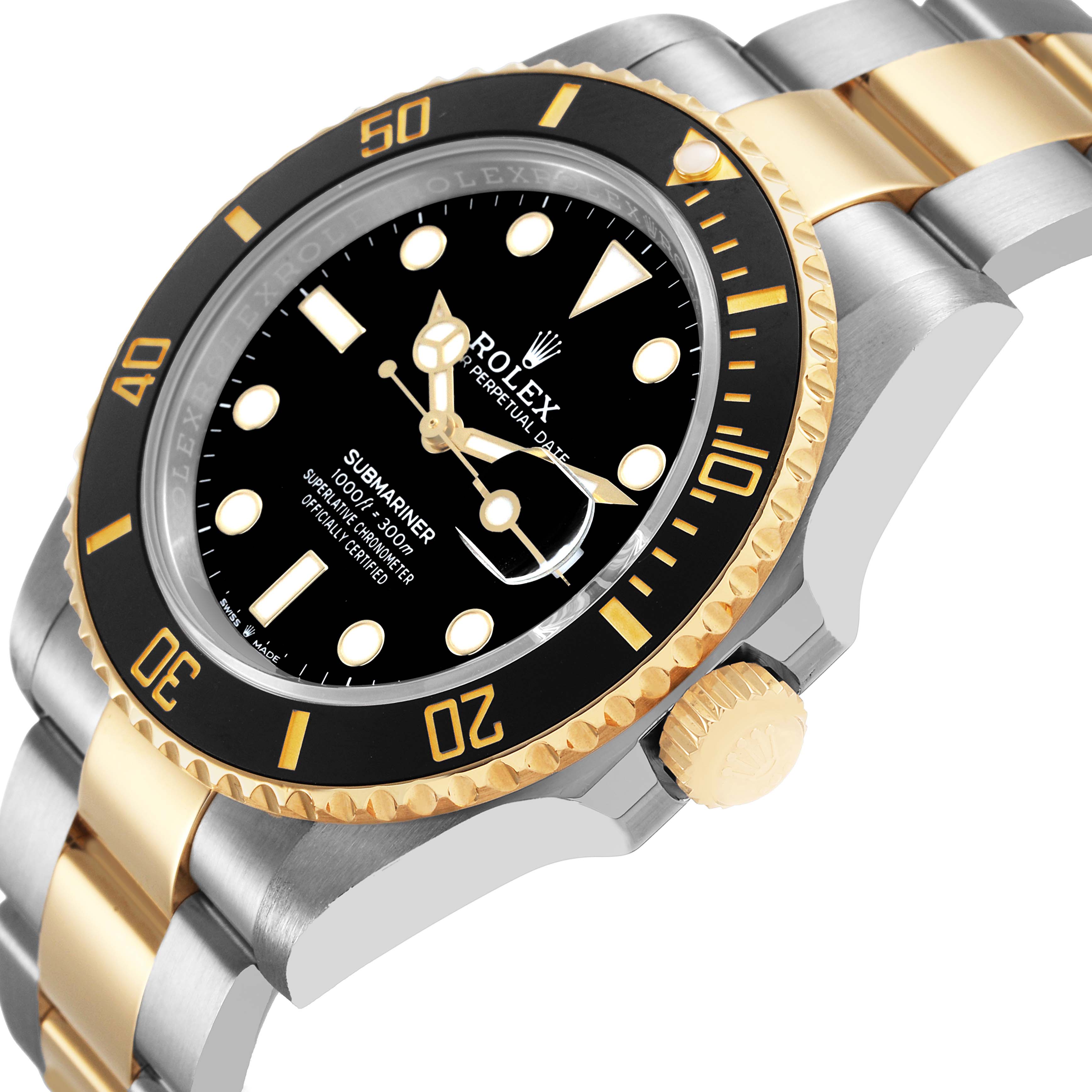 The image shows a close-up side angle of a Rolex Submariner M126613LN-0002 Men's Steel and Gold (two tone) Black Dial, highlighting the bezel, dial, and two-tone bracelet.