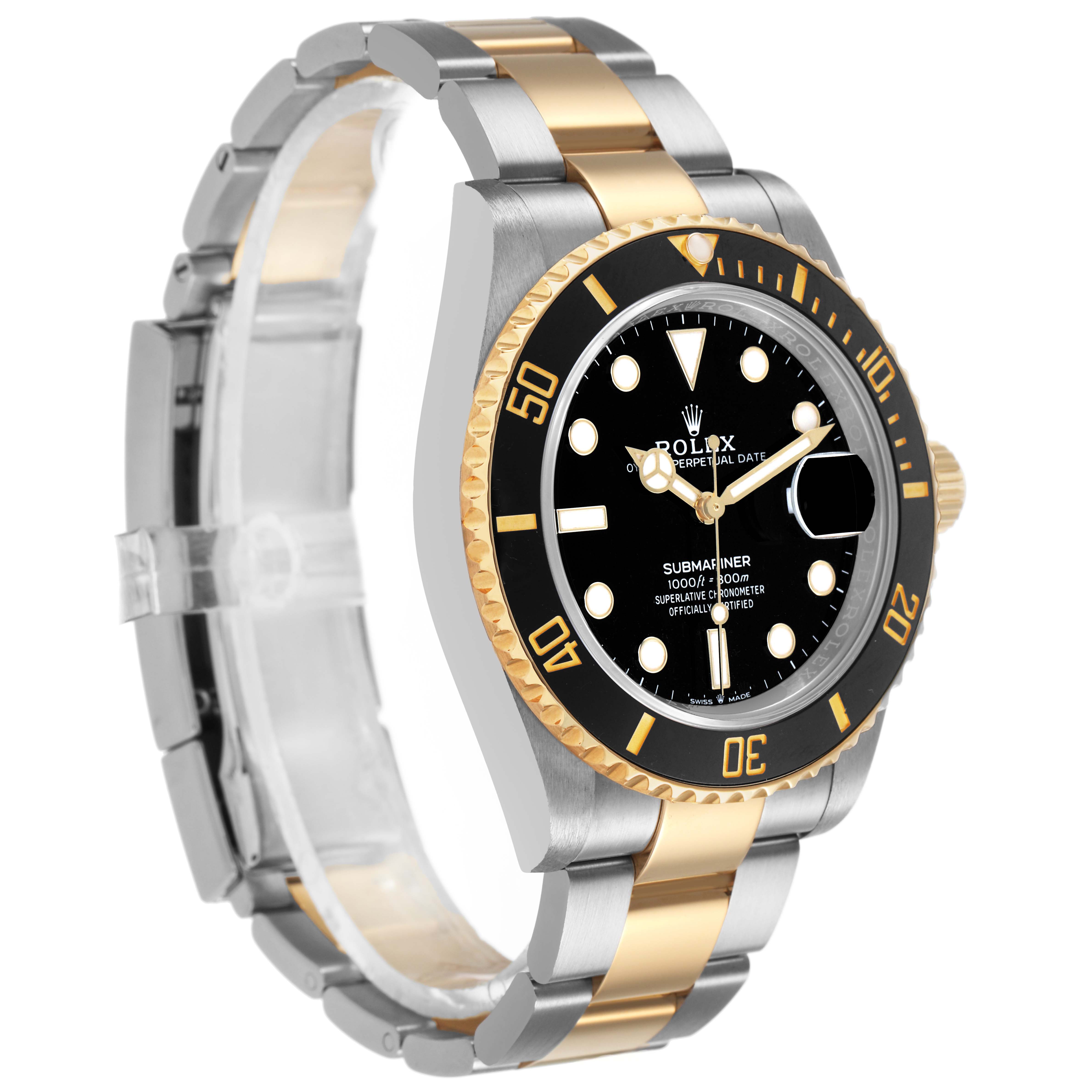 The Rolex Submariner M126613LN-0002 Men's Steel and Gold (two tone) Black Dial watch is shown at a side angle, highlighting its black dial, gold bezel, and two-tone metal bracelet.