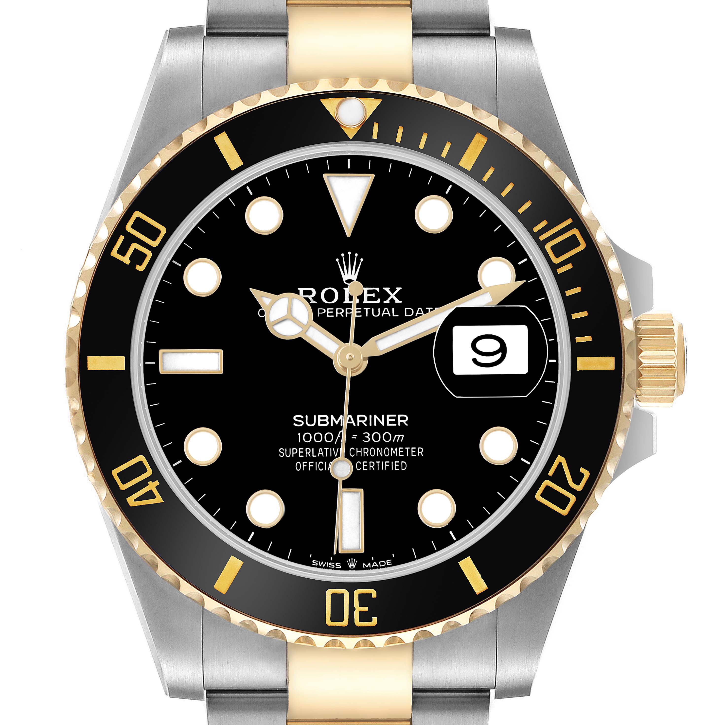 The Rolex Submariner M126613LN-0002 Men's Steel and Gold (two tone) Black Dial watch is shown from the front, highlighting the dial, bezel, and partial bracelet.