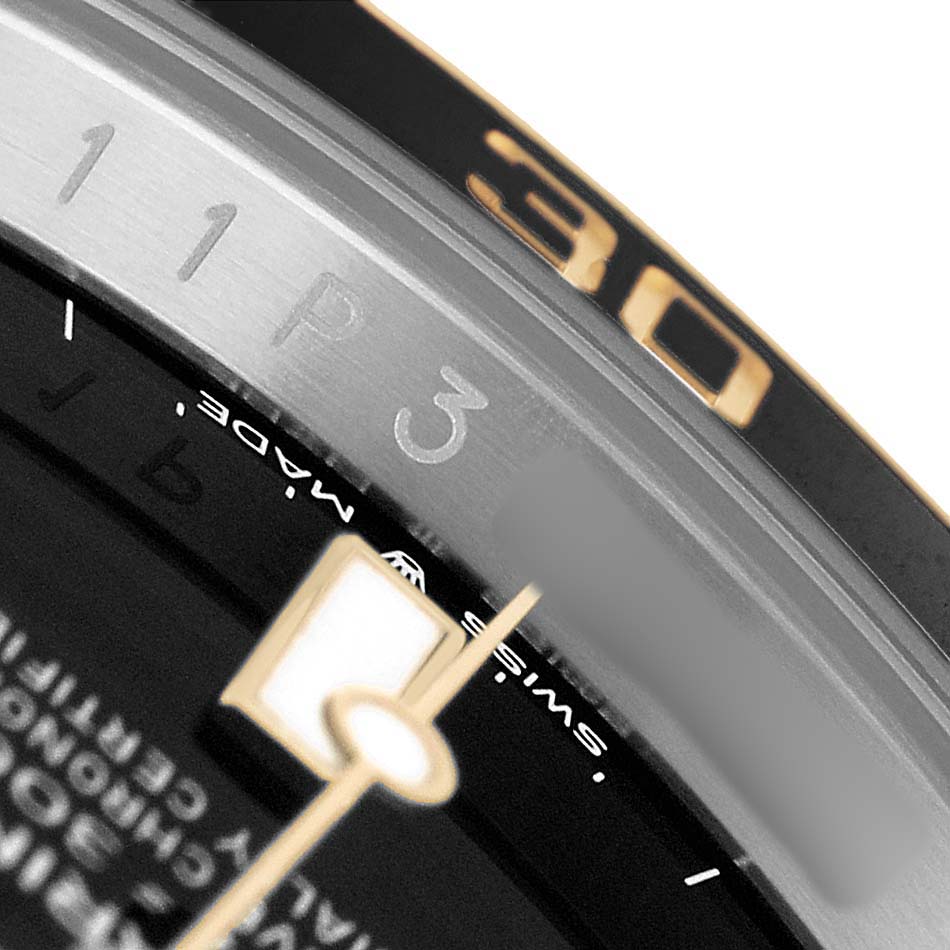 The image shows a close-up side view of the bezel and part of the dial of a Rolex Submariner M126613LN-0002 Men's Steel and Gold (two tone) Black Dial watch, highlighting the number 30.