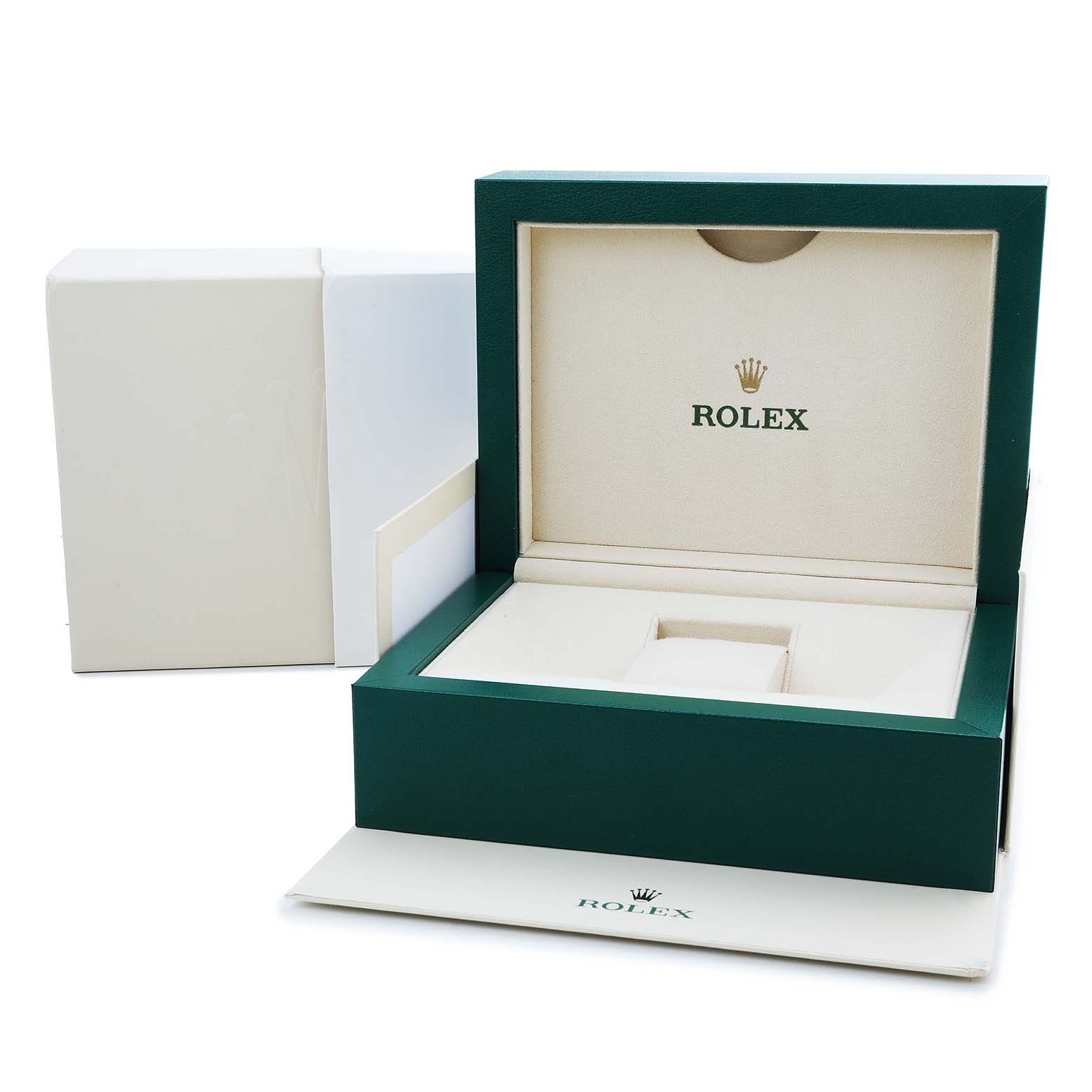 The image shows the open box for a Rolex Submariner M126613LN-0002 Men's Steel and Gold (two tone) Black Dial watch, displaying its elegant green and beige interior.