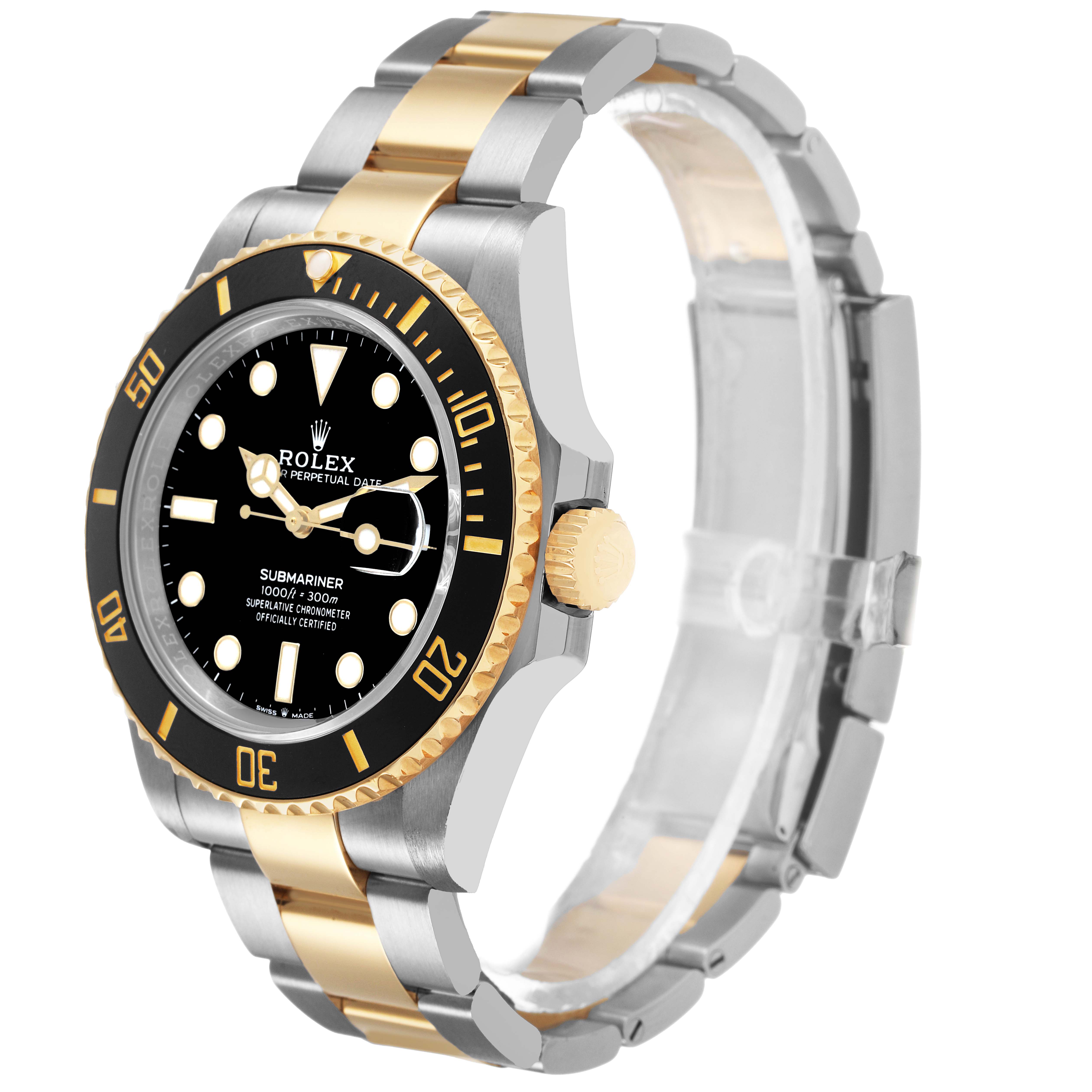 The Rolex Submariner M126613LN-0002 Men's Steel and Gold (two tone) Black Dial watch is shown at an angle highlighting the face, bezel, crown, and two-tone bracelet.