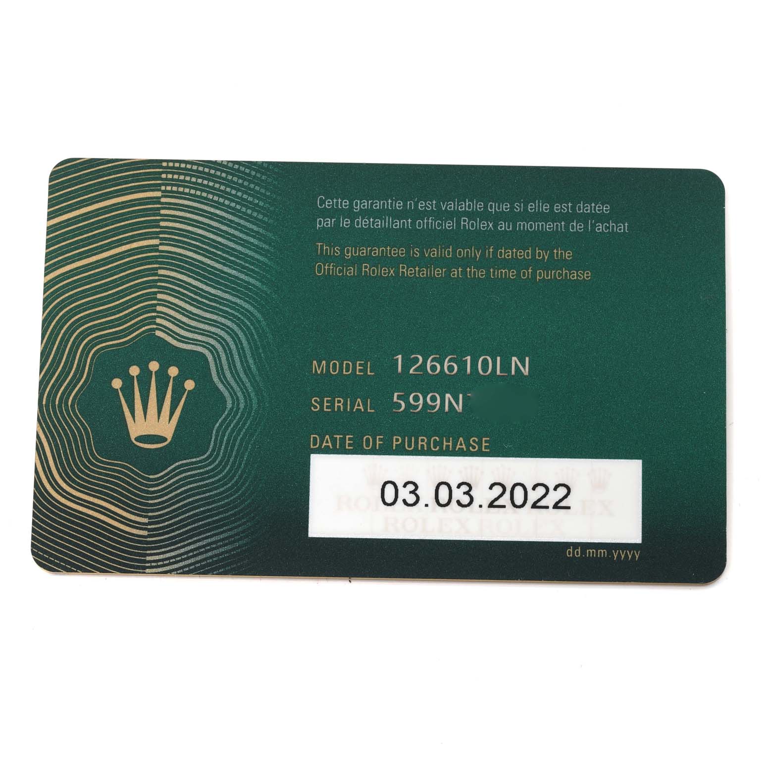 This image shows the guarantee card for a Rolex Submariner 126610 Men's Stainless Steel Black Dial 126610 Men's Stainless Steel Black Dial model 126610LN including the serial number and purchase date.