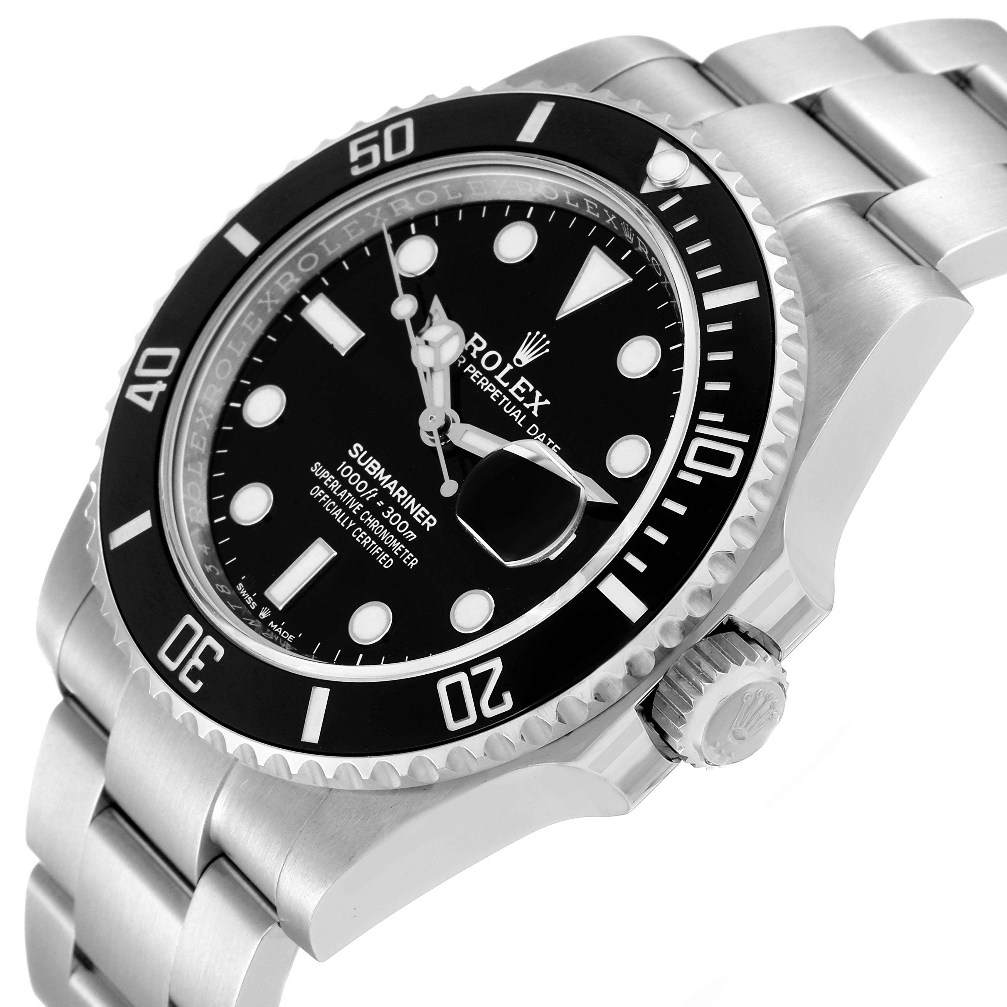 This image shows a side-angle view of a Rolex Submariner 126610 Men's Stainless Steel Black Dial 126610 Men's Stainless Steel Black Dial watch, highlighting the bezel, dial, crown, and bracelet.