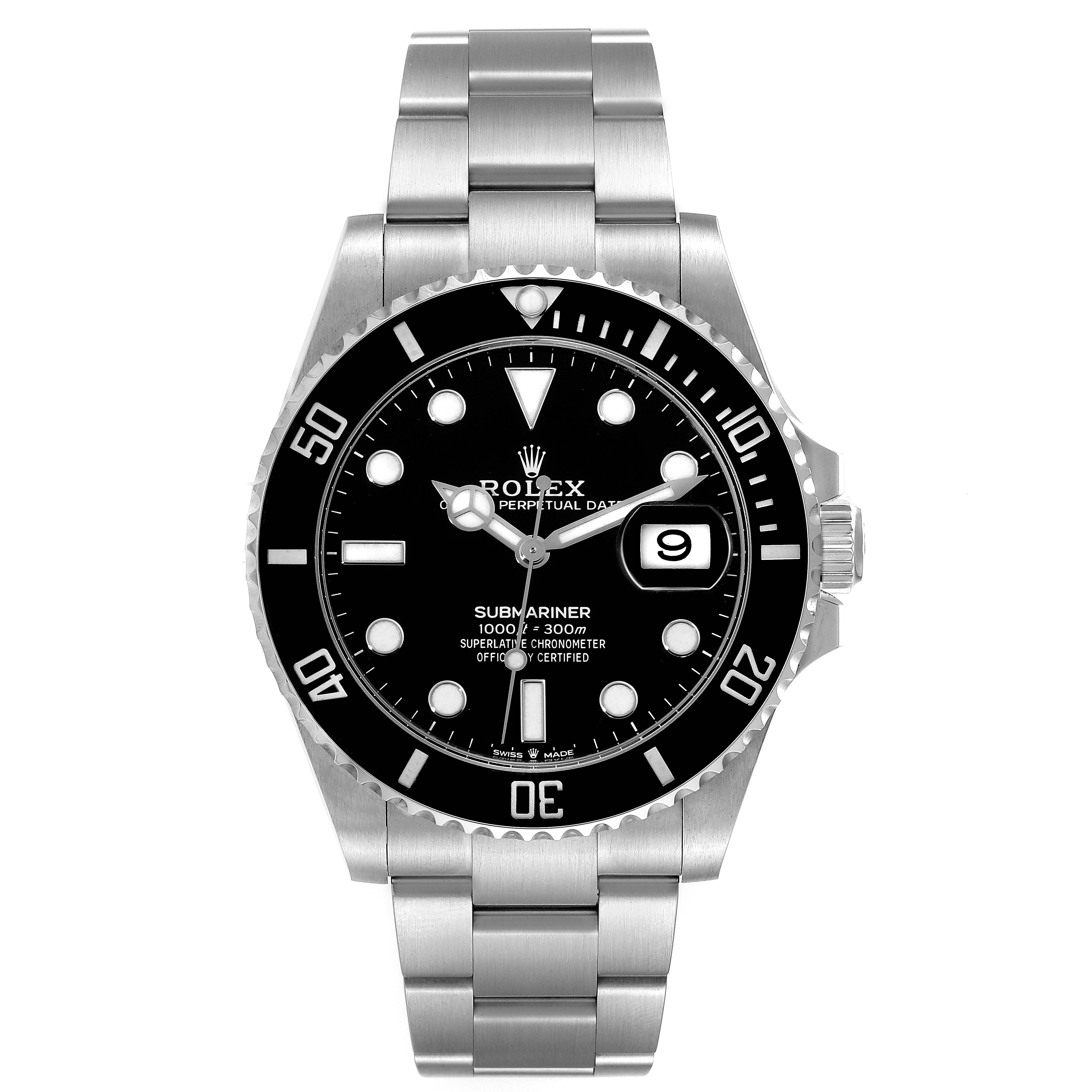 This image shows a front view of a Rolex Submariner 126610 Men's Stainless Steel Black Dial 126610 Men's Stainless Steel Black Dial watch, highlighting the dial, bezel, and bracelet.