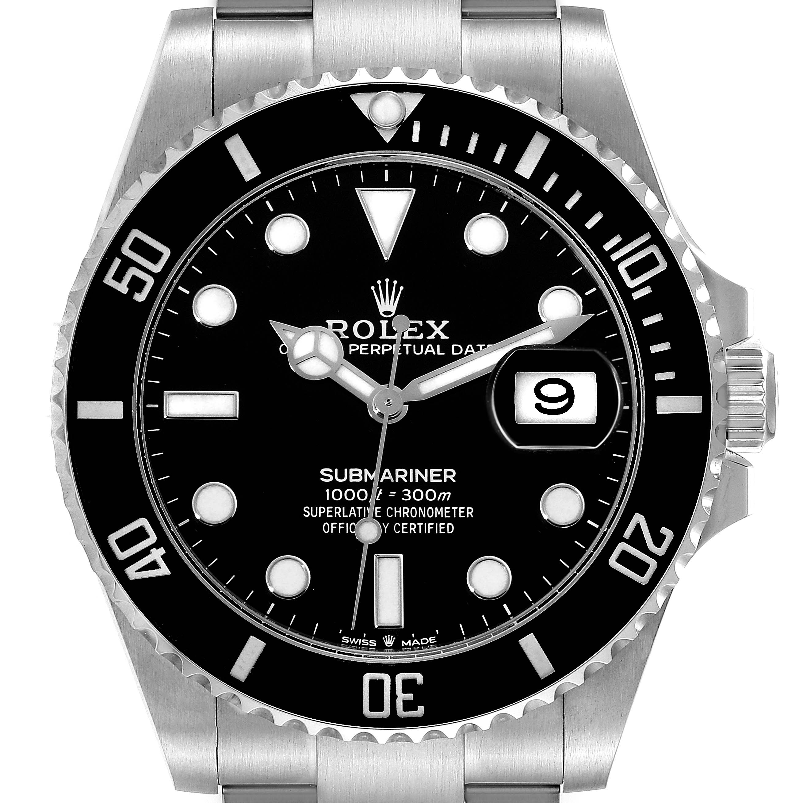 This image shows a front view of the Rolex Submariner 126610 Men's Stainless Steel Black Dial 126610 Men's Stainless Steel Black Dial watch, featuring its bezel, dial, and bracelet.