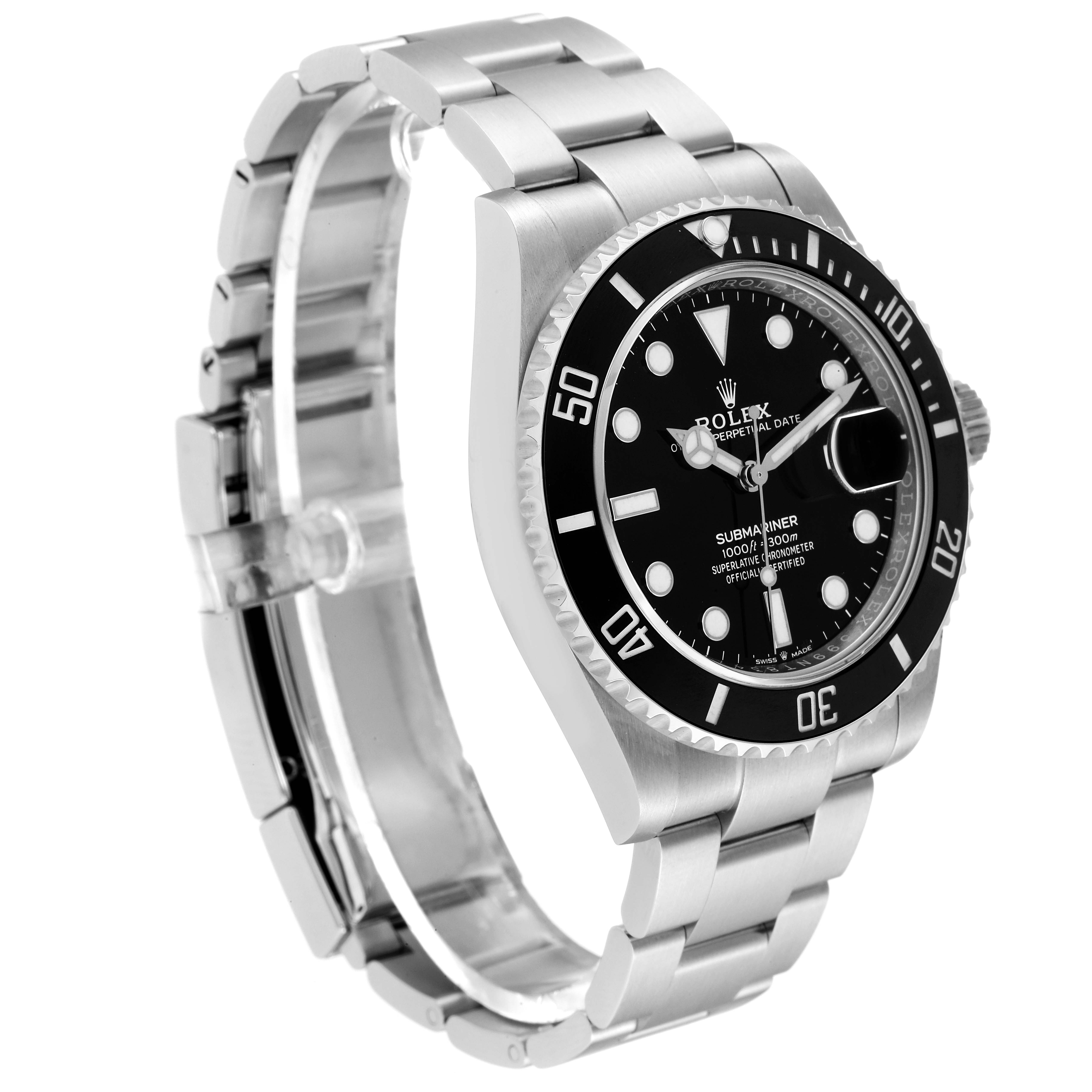 The image shows a side angle of a Rolex Submariner 126610 Men's Stainless Steel Black Dial 126610 Men's Stainless Steel Black Dial watch, highlighting the bracelet, case, and black dial with rotating bezel.