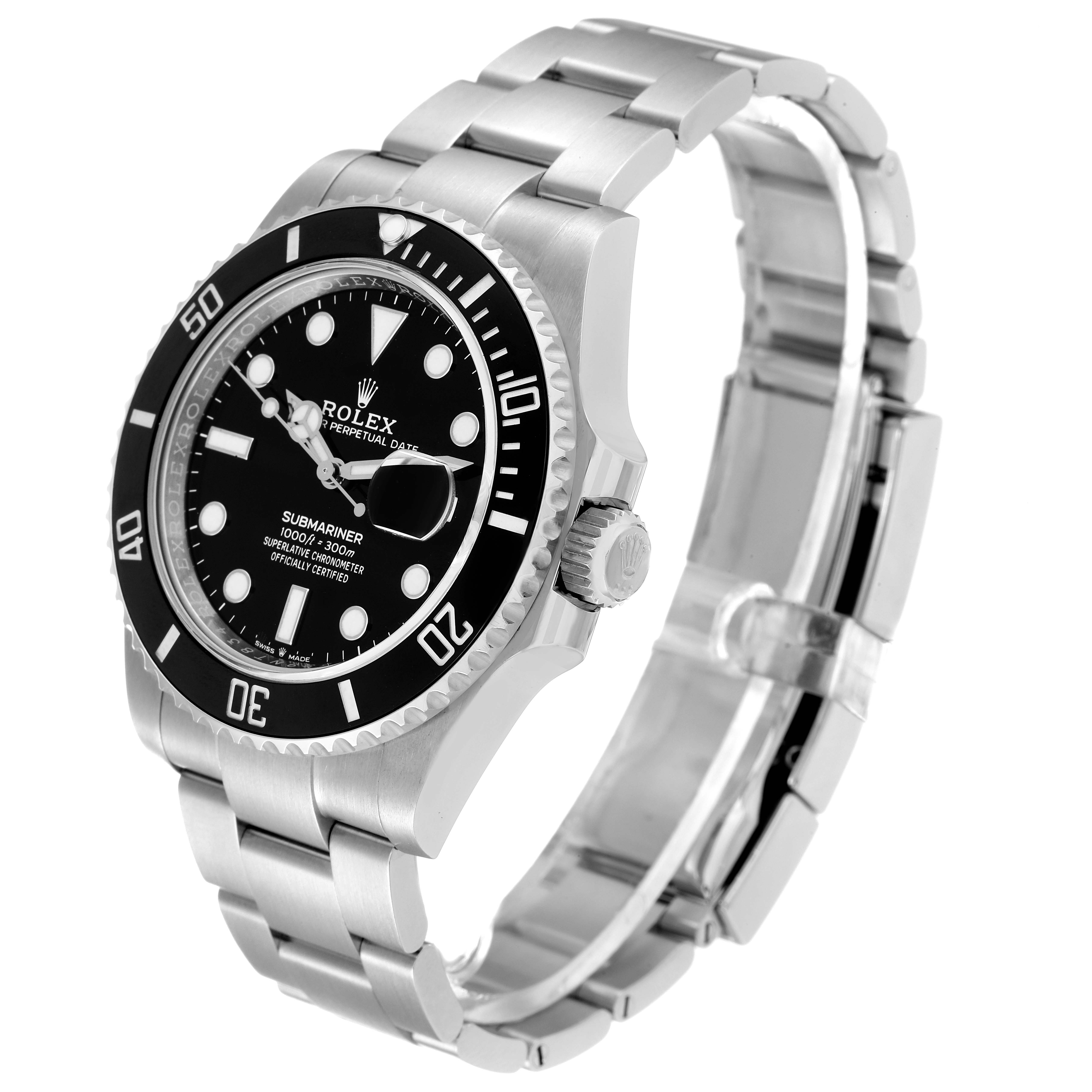 The image shows a Rolex Submariner 126610 Men's Stainless Steel Black Dial 126610 Men's Stainless Steel Black Dial watch at an angled side view, highlighting the face, bezel, crown, and bracelet.