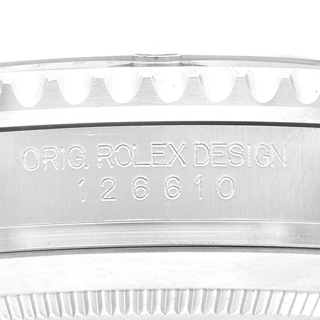This image shows a close-up detail of the case engraving on a Rolex Submariner 126610 Men's Stainless Steel Black Dial 126610 Men's Stainless Steel Black Dial, including the model number 126610.