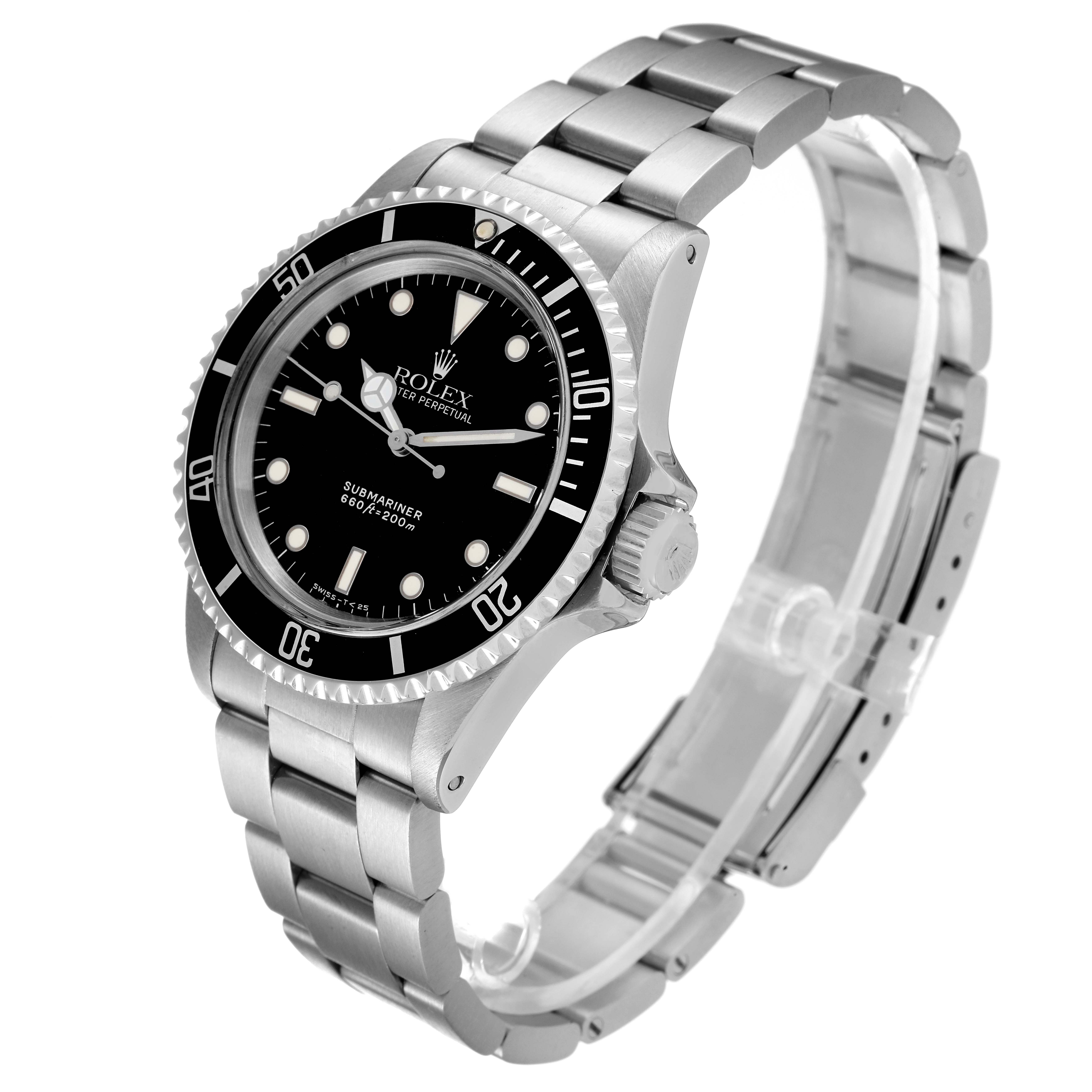 The image shows a Rolex Submariner 5513 Men's Stainless Steel Black Dial 5513 Men's Stainless Steel Black Dial watch at an angle highlighting its black dial, bezel, and stainless steel bracelet.