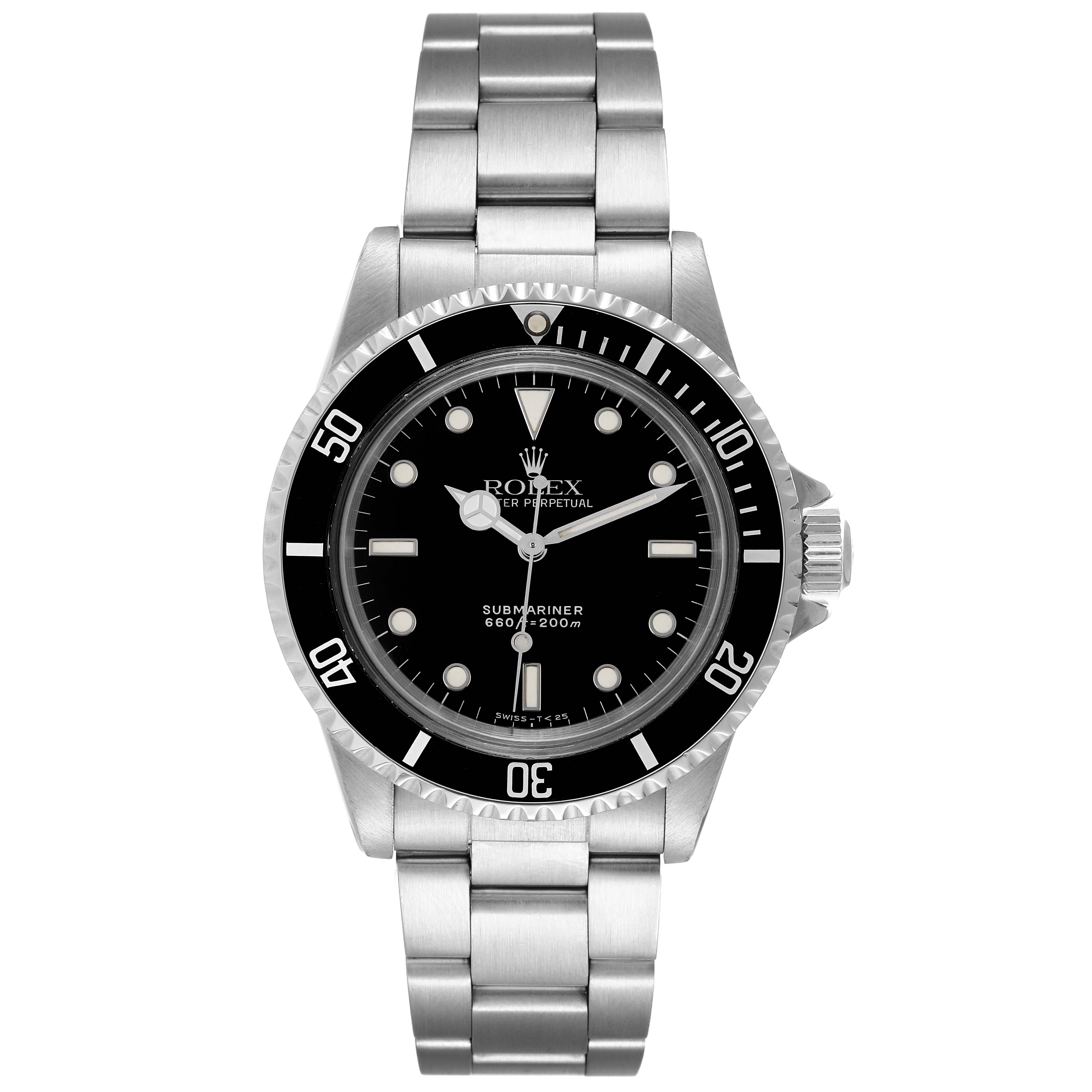 This image shows a front view of the Rolex Submariner 5513 Men's Stainless Steel Black Dial 5513 Men's Stainless Steel Black Dial watch, displaying the dial, bezel, and stainless steel bracelet.