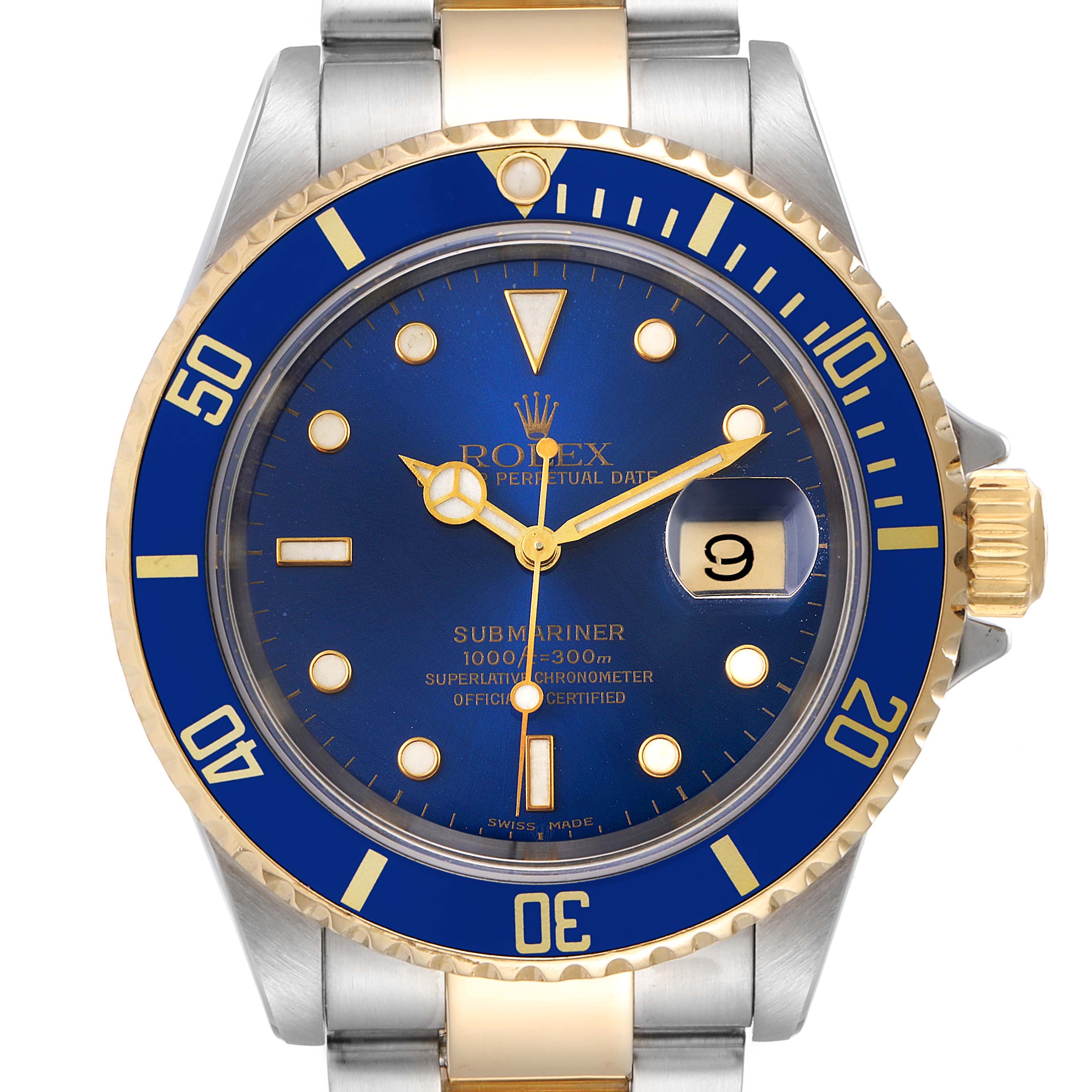 The image shows a Rolex Submariner 16613 Men's Steel and Gold (two tone) Blue Dial 16613 Men's Steel and Gold (two tone) Blue Dial watch face from a front angle, highlighting its blue dial, gold bezel, and two-tone bracelet.