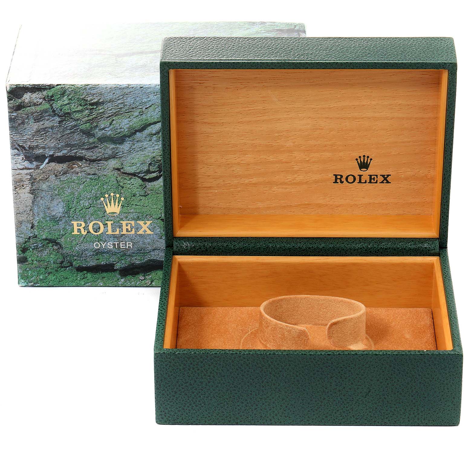 The image shows an open green box and outer packaging for a Rolex Submariner 16613 Men's Steel and Gold (two tone) Blue Dial 16613 Men's Steel and Gold (two tone) Blue Dial watch, with the watch absent.