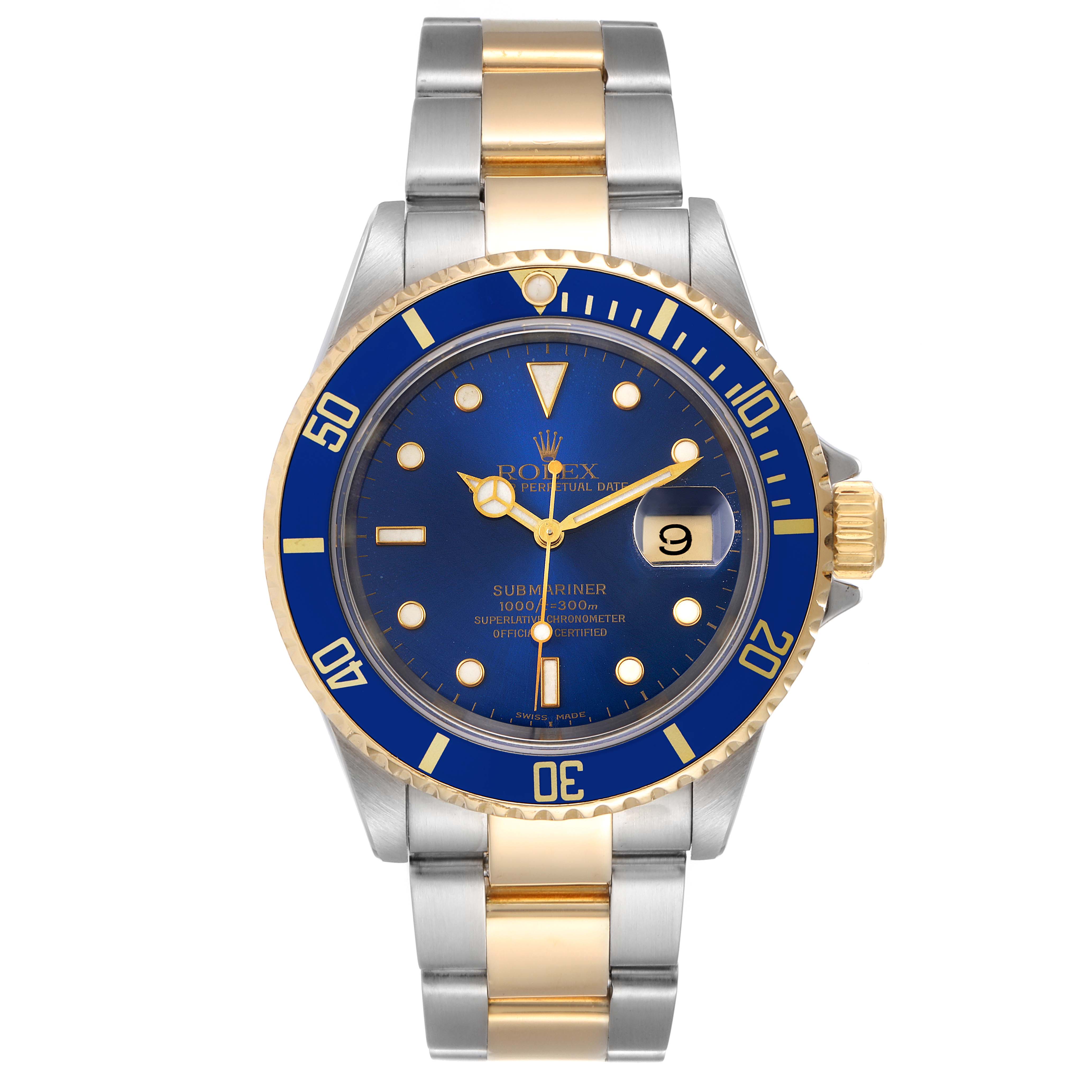 The image shows the front view of the Rolex Submariner 16613 Men's Steel and Gold (two tone) Blue Dial 16613 Men's Steel and Gold (two tone) Blue Dial watch, displaying its dial, bezel, and bracelet.