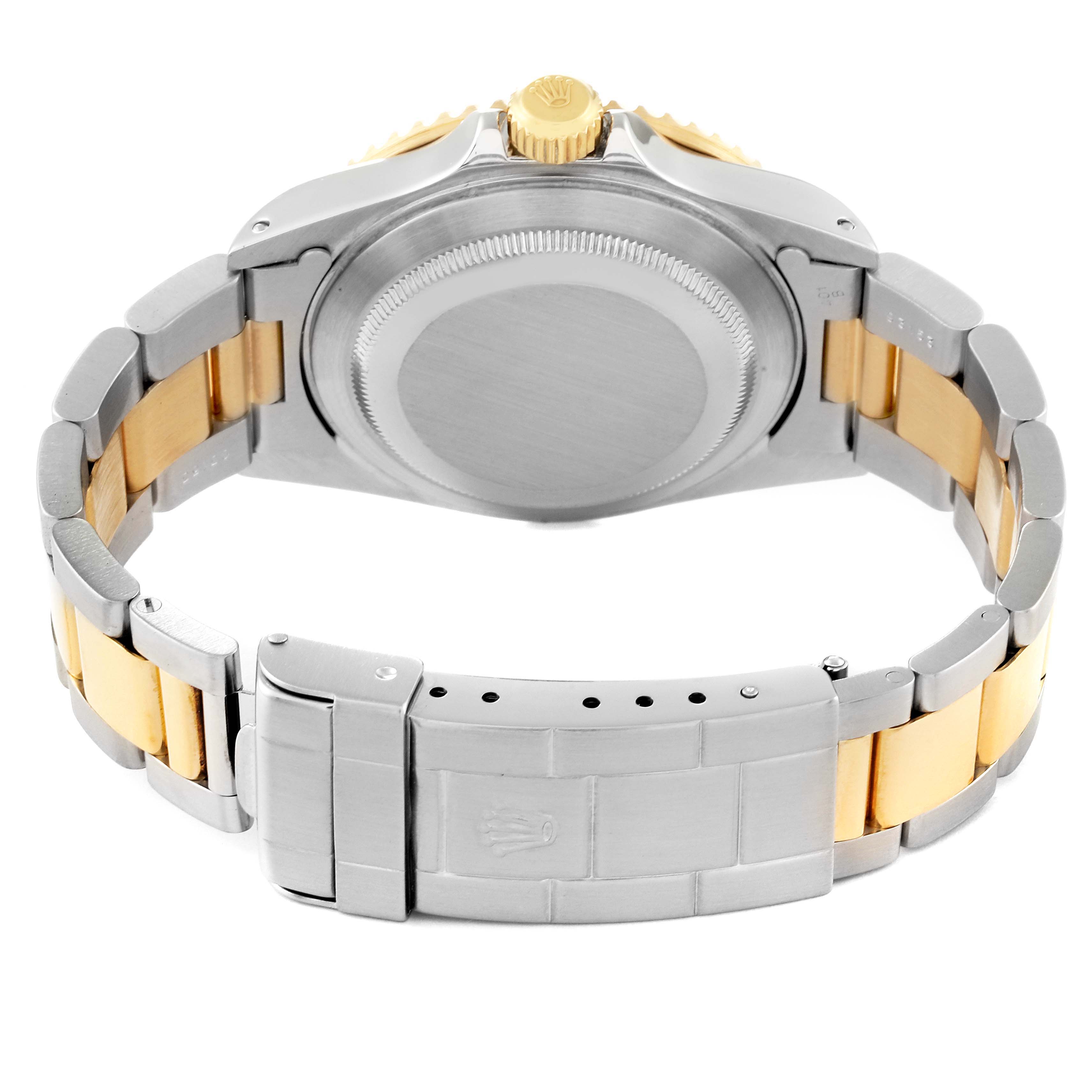 The image shows the back view of a Rolex Submariner 16613 Men's Steel and Gold (two tone) Blue Dial 16613 Men's Steel and Gold (two tone) Blue Dial watch, highlighting the two-tone bracelet and the closed clasp.