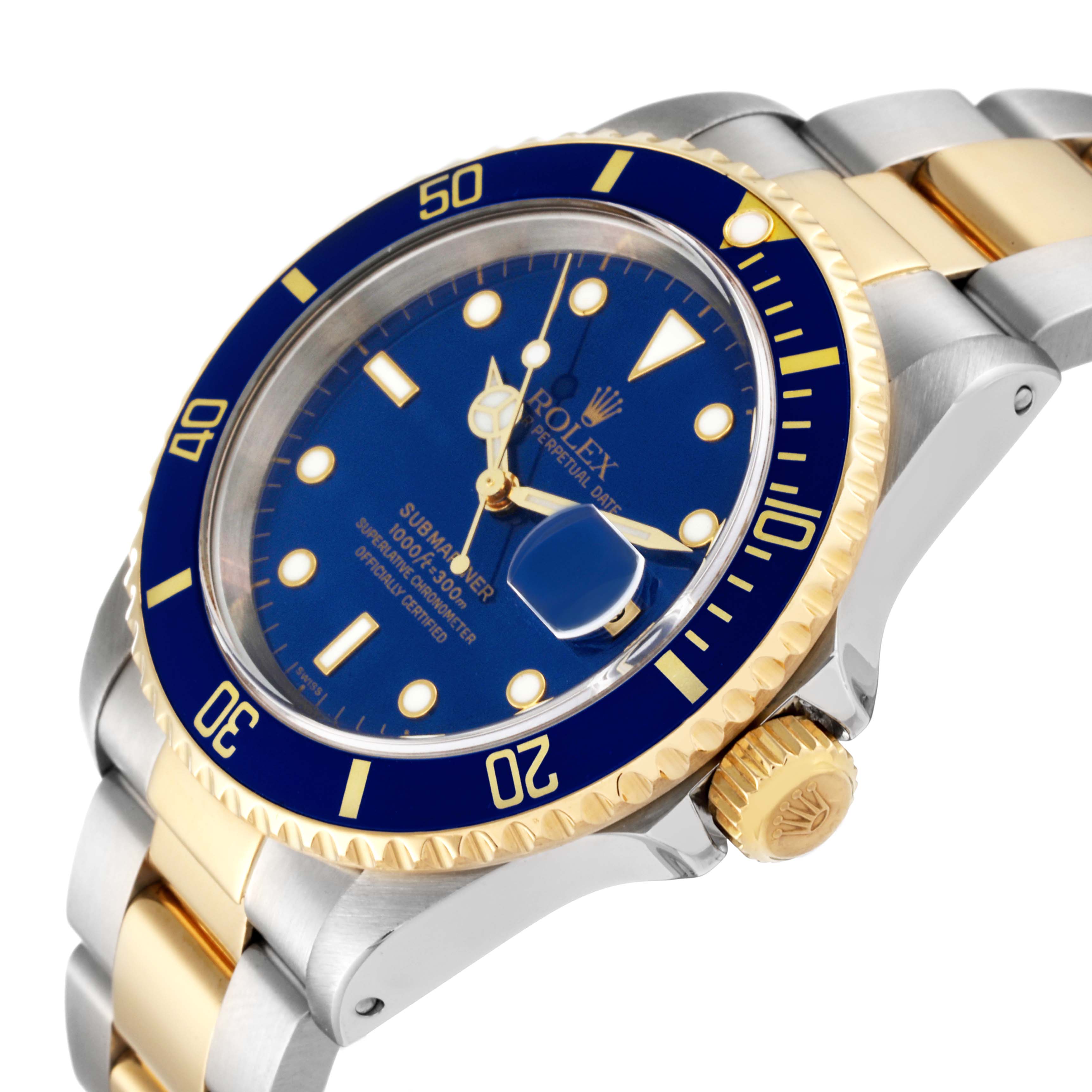 The Rolex Submariner 16613 Men's Steel and Gold (two tone) Blue Dial 16613 Men's Steel and Gold (two tone) Blue Dial watch is shown at an angle from the top right, highlighting the blue dial, bezel, and two-tone bracelet.