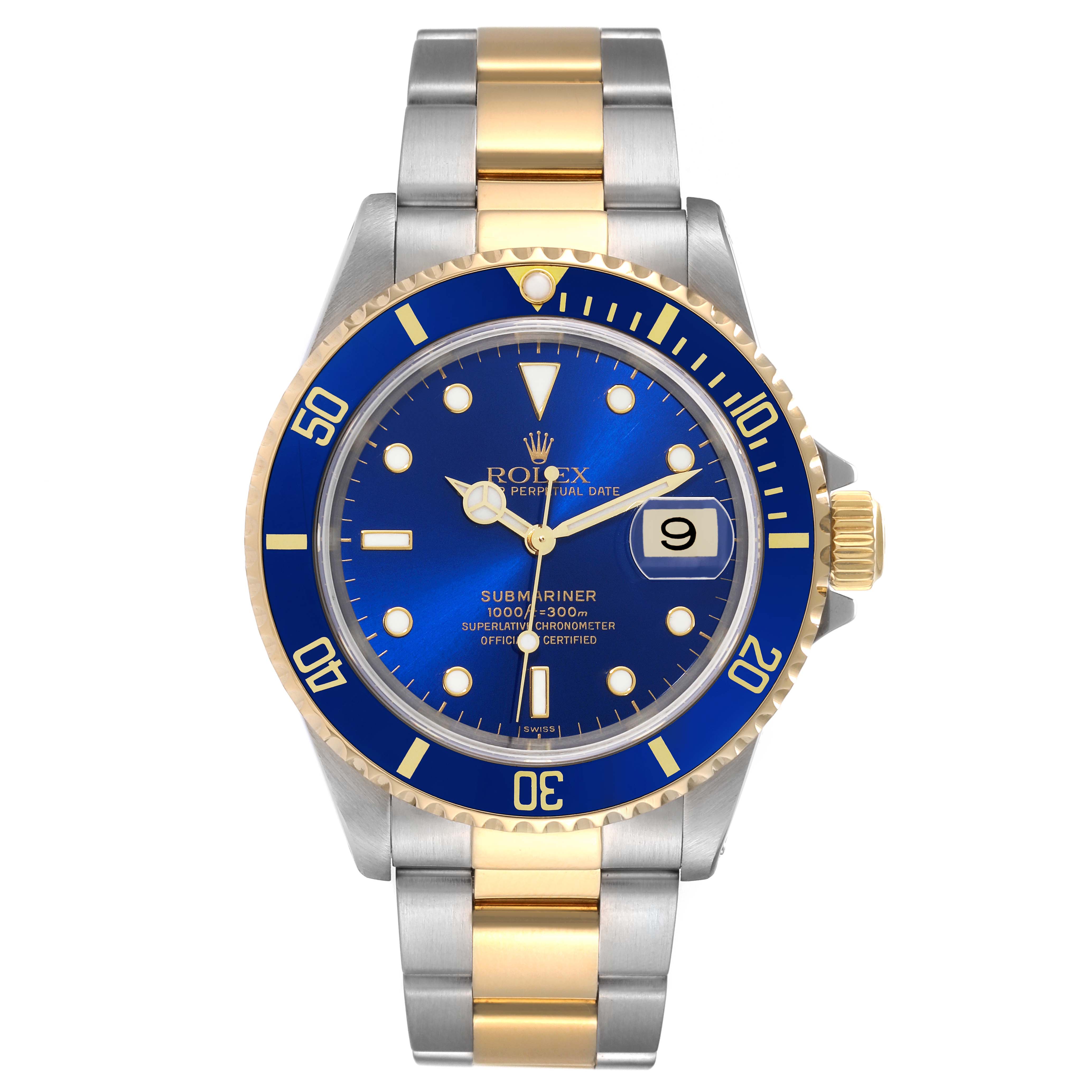 The image shows a front view of a Rolex Submariner 16613 Men's Steel and Gold (two tone) Blue Dial 16613 Men's Steel and Gold (two tone) Blue Dial watch with a blue dial and a two-tone metal bracelet. 