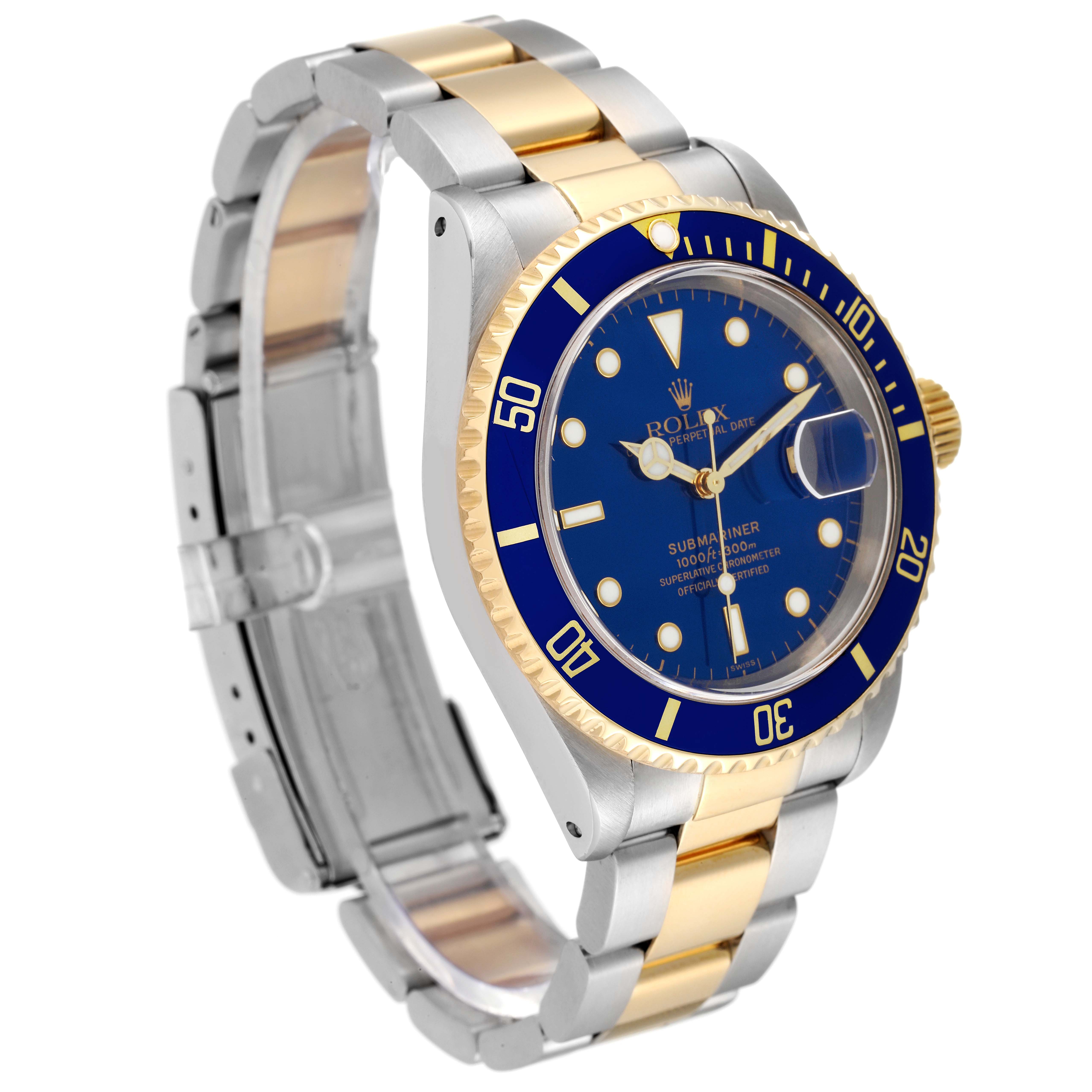 The Rolex Submariner 16613 Men's Steel and Gold (two tone) Blue Dial 16613 Men's Steel and Gold (two tone) Blue Dial watch is shown at a three-quarter angle, highlighting its blue dial, gold and silver bracelet, and rotating bezel.