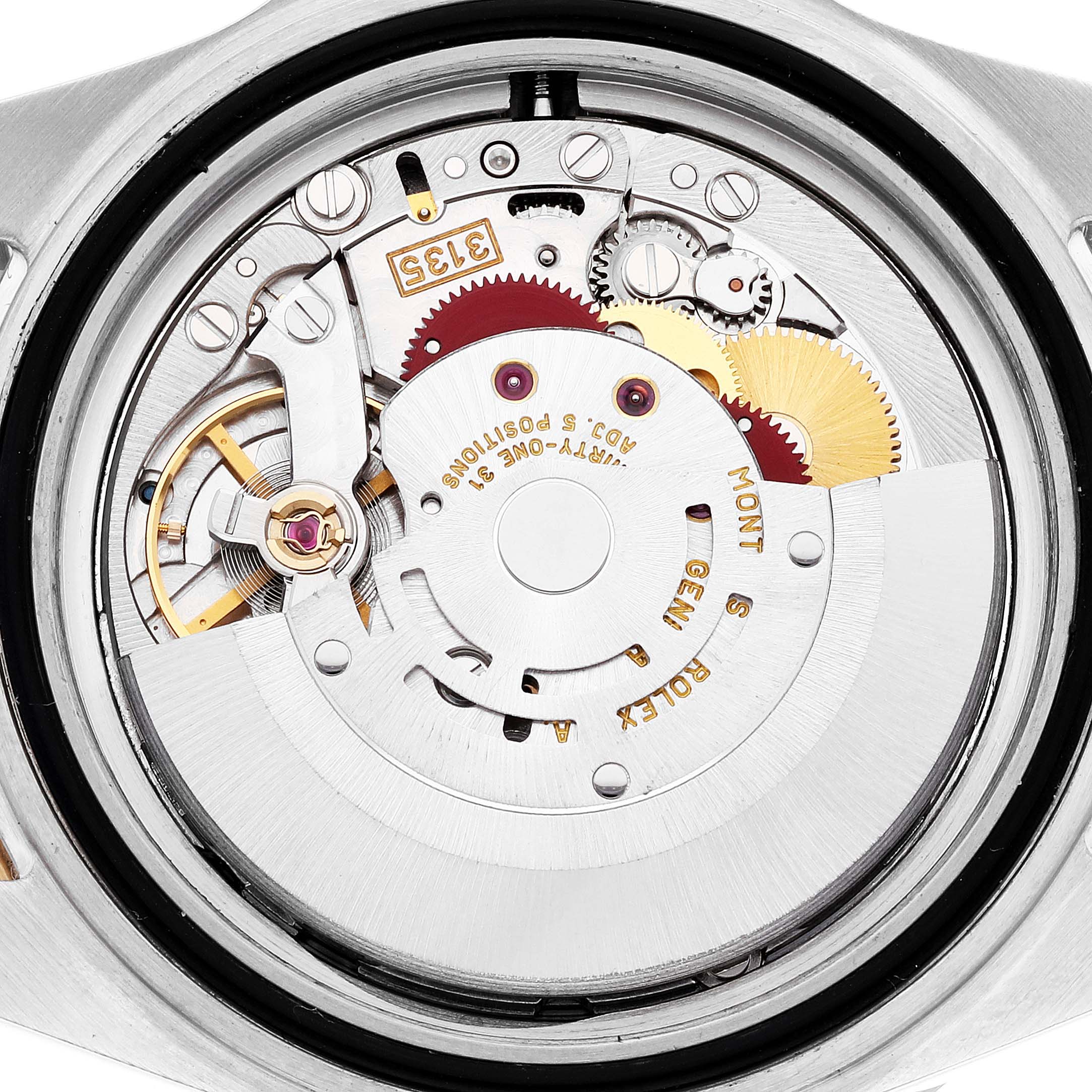 The image shows the inner mechanical parts of a Rolex Submariner 16613 Men's Steel and Gold (two tone) Blue Dial 16613 Men's Steel and Gold (two tone) Blue Dial watch, focusing on its movement and gears from the back side.