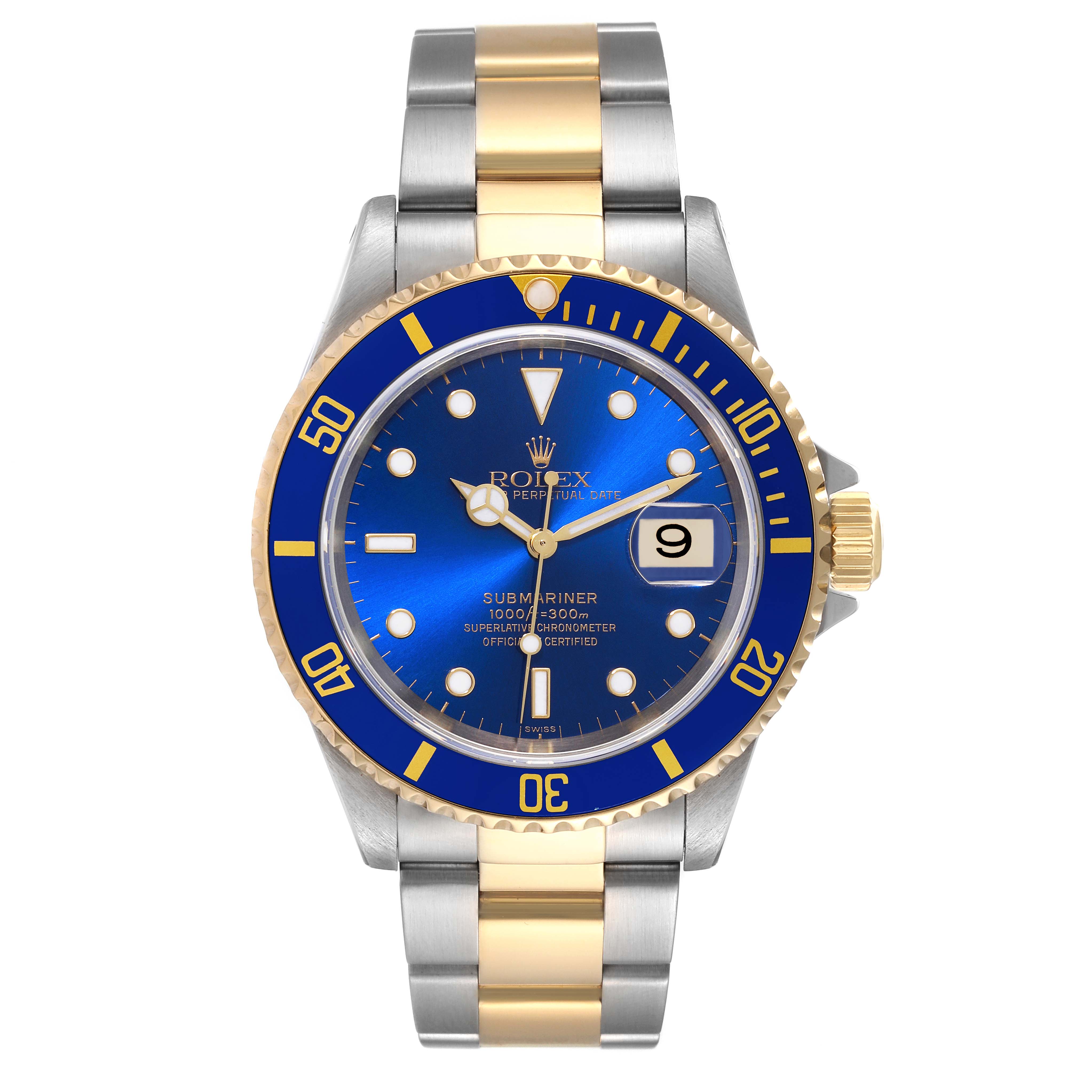 This image shows a front view of a Rolex Submariner 16613 Men's Steel and Gold (two tone) Blue Dial 16613 Men's Steel and Gold (two tone) Blue Dial watch, featuring a blue dial, gold bezel, and a two-tone metal bracelet.