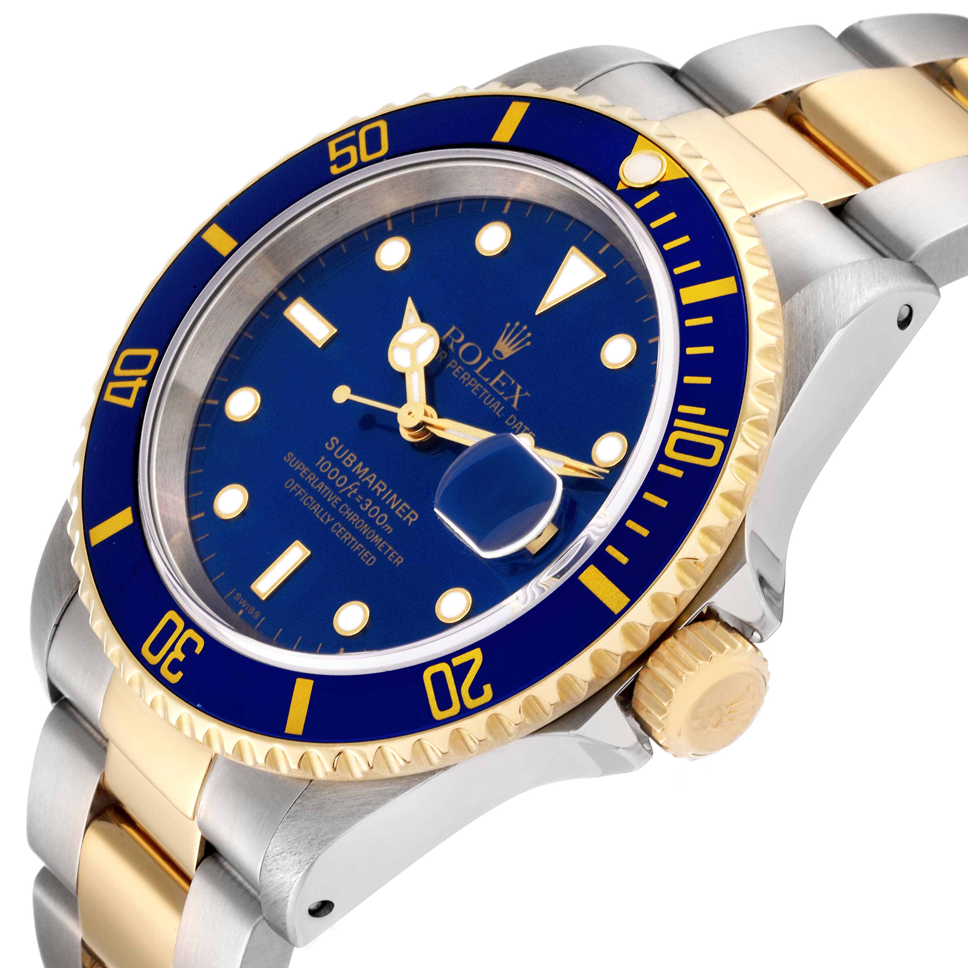 The image shows a close-up angled view of the Rolex Submariner 16613 Men's Steel and Gold (two tone) Blue Dial 16613 Men's Steel and Gold (two tone) Blue Dial watch, highlighting its blue dial, bezel, and two-tone bracelet.