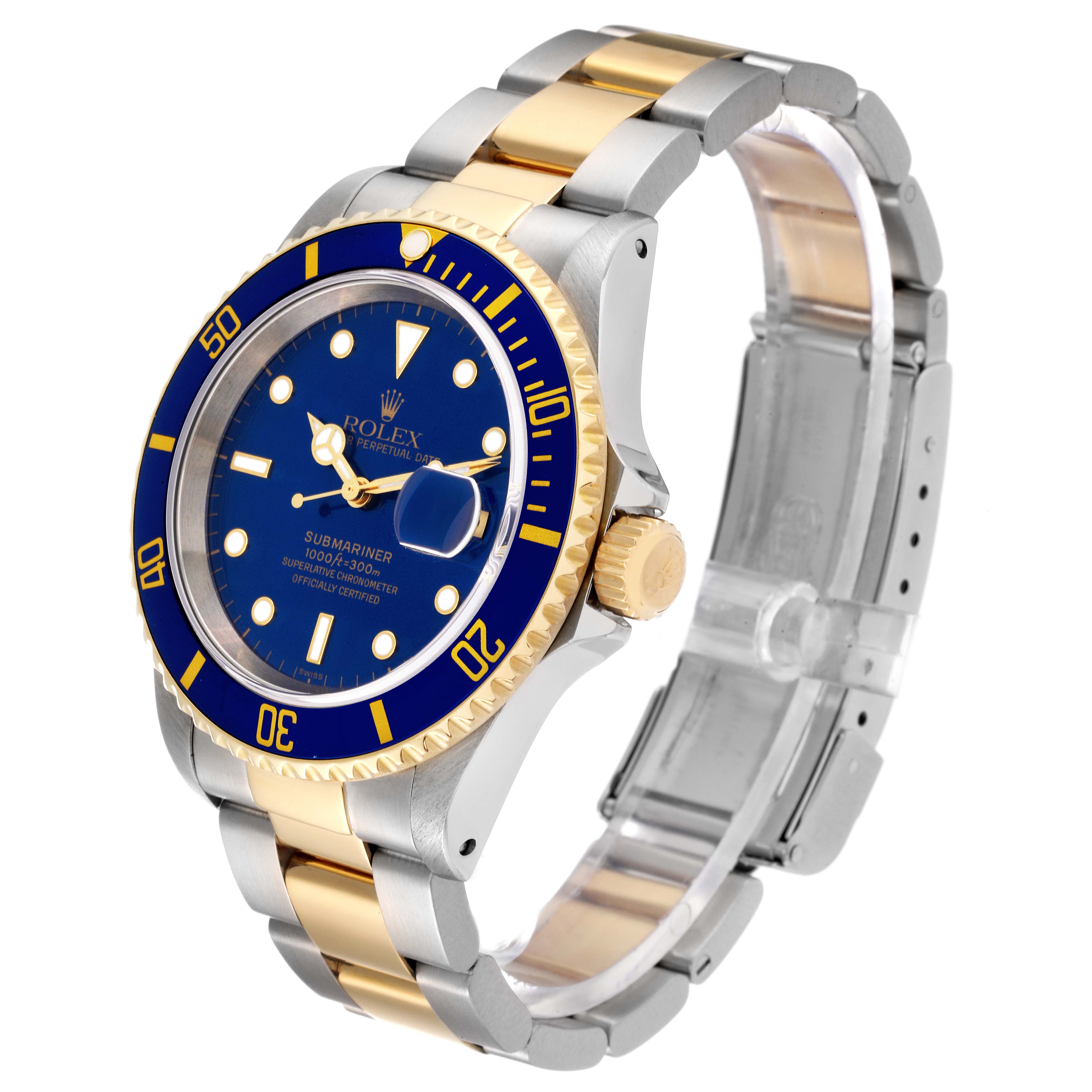The image shows a Rolex Submariner 16613 Men's Steel and Gold (two tone) Blue Dial 16613 Men's Steel and Gold (two tone) Blue Dial watch angled to display the face, bezel, case, crown, and part of the bracelet.