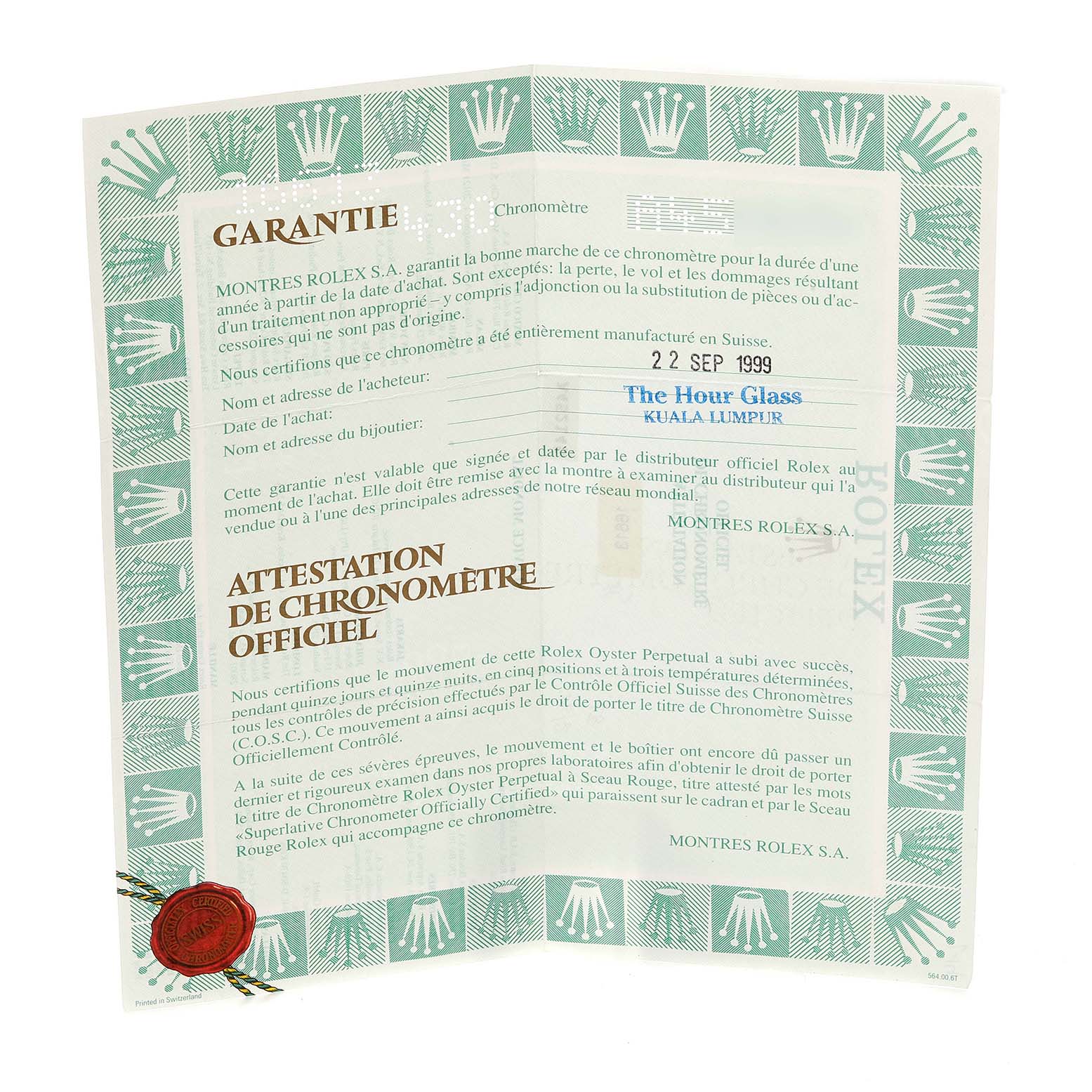 The image shows the warranty and certification card for the Rolex Submariner 16613 Men's Steel and Gold (two tone) Blue Dial 16613 Men's Steel and Gold (two tone) Blue Dial watch.