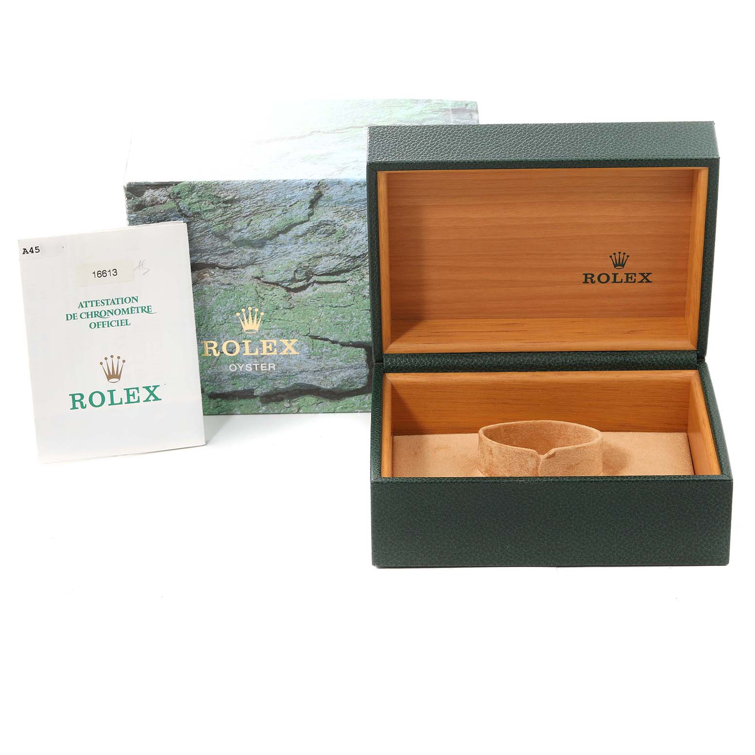 This image shows a Rolex Submariner 16613 Men's Steel and Gold (two tone) Blue Dial 16613 Men's Steel and Gold (two tone) Blue Dial model's open green watch box, manual, and outer box from a top-front angle.