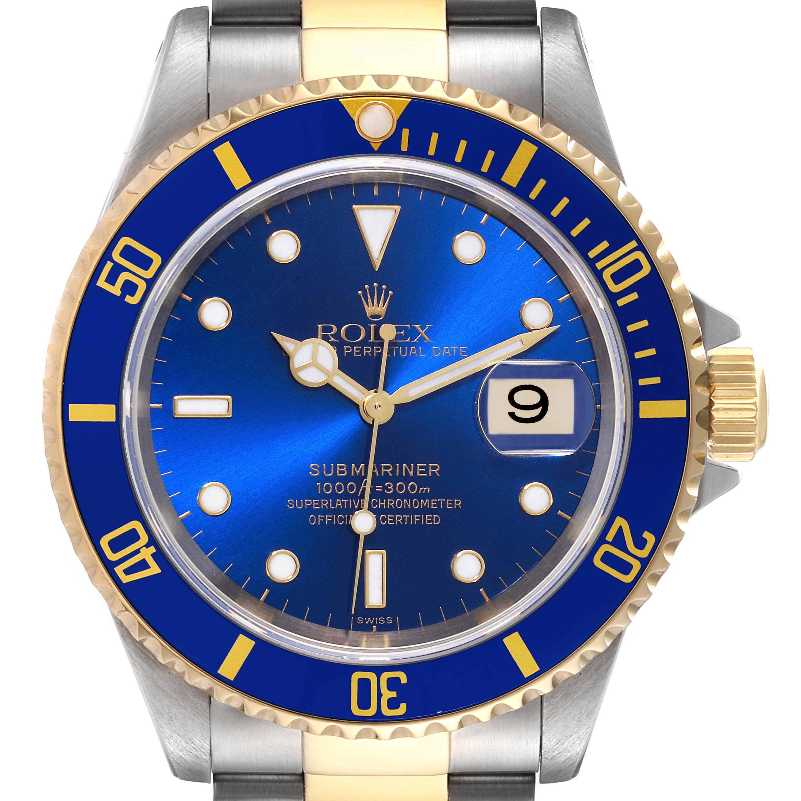The image shows a front view of a Rolex Submariner 16613 Men's Steel and Gold (two tone) Blue Dial 16613 Men's Steel and Gold (two tone) Blue Dial watch, highlighting its blue dial and bezel with gold accents.