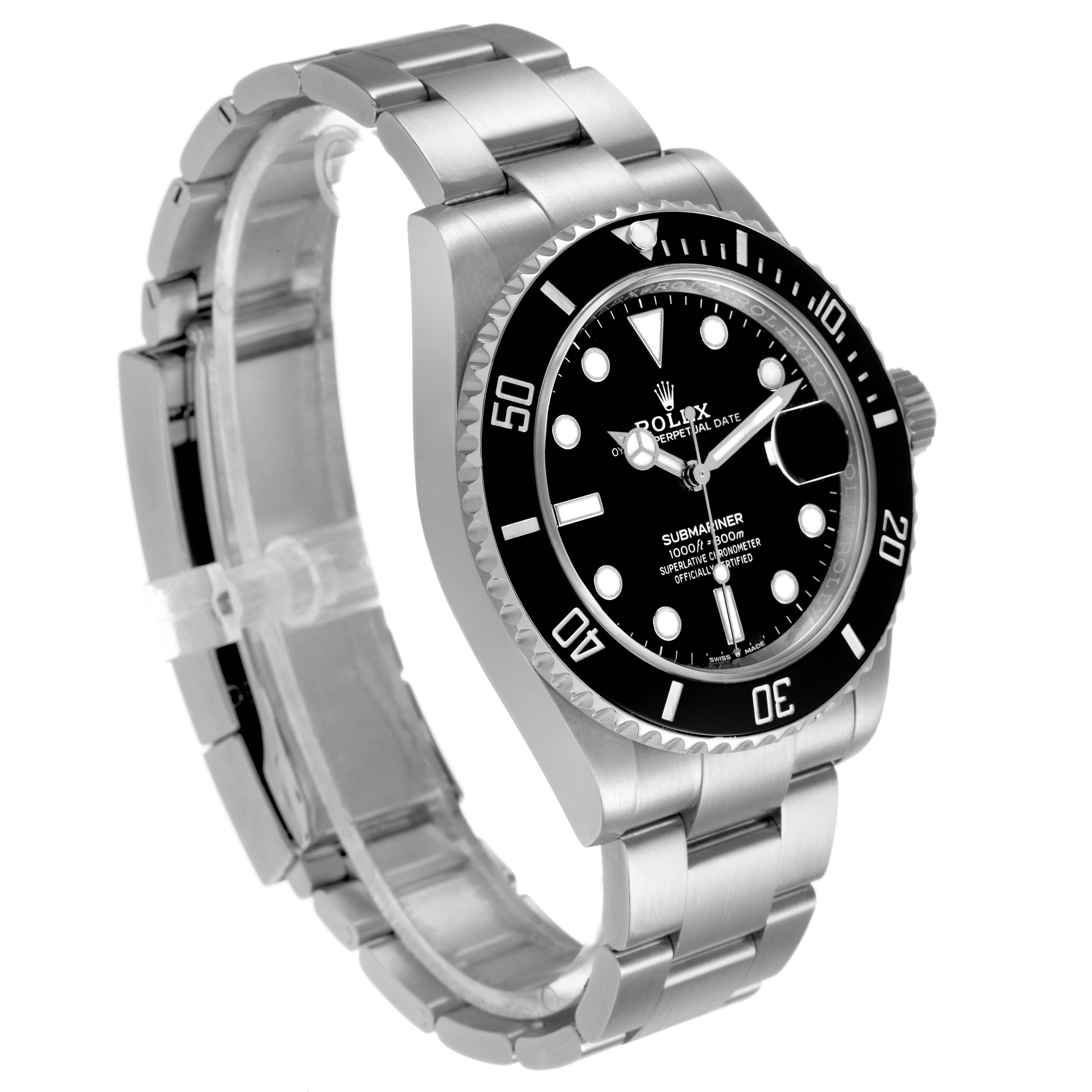 The Rolex Submariner 126610LN Men's Stainless Steel Black Dial watch is shown at a slight angle displaying the face, bezel, and part of the bracelet.