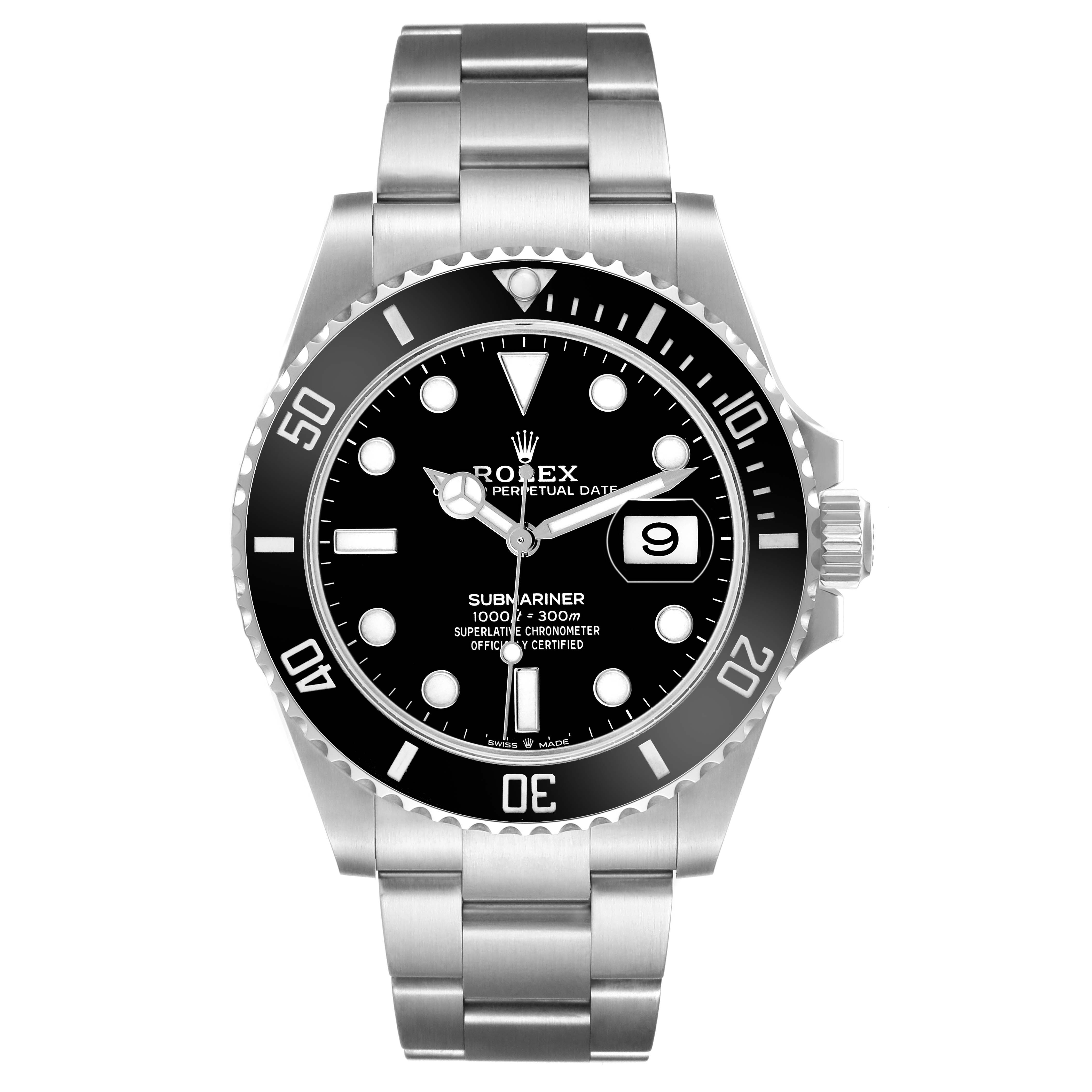 The Rolex Submariner 126610LN Men's Stainless Steel Black Dial watch is shown from a front angle, displaying the face, bezel, bracelet, and crown.
