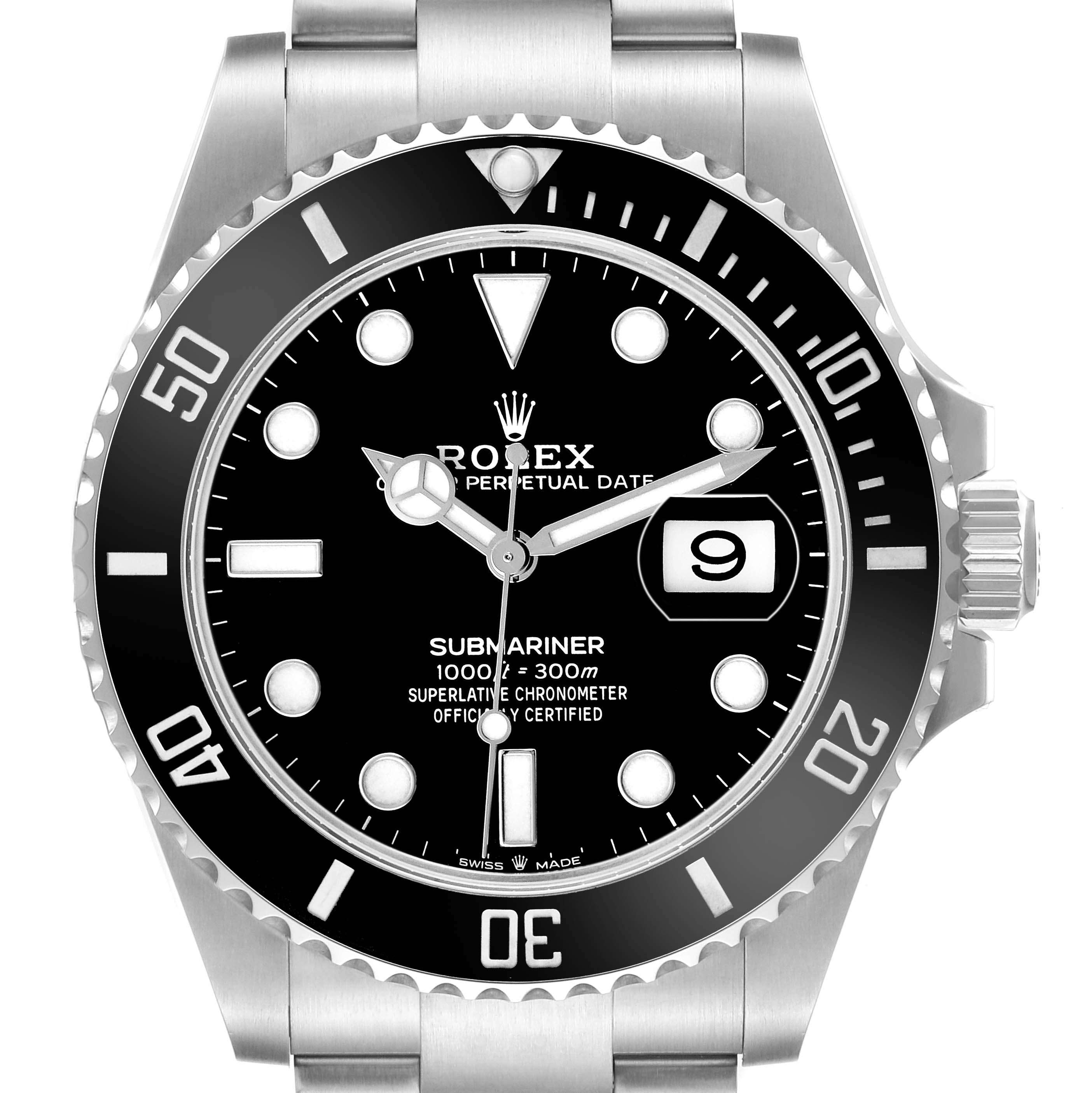 The Rolex Submariner 126610LN Men's Stainless Steel Black Dial watch is shown from a front view, highlighting the bezel, dial, crown, and part of the bracelet.