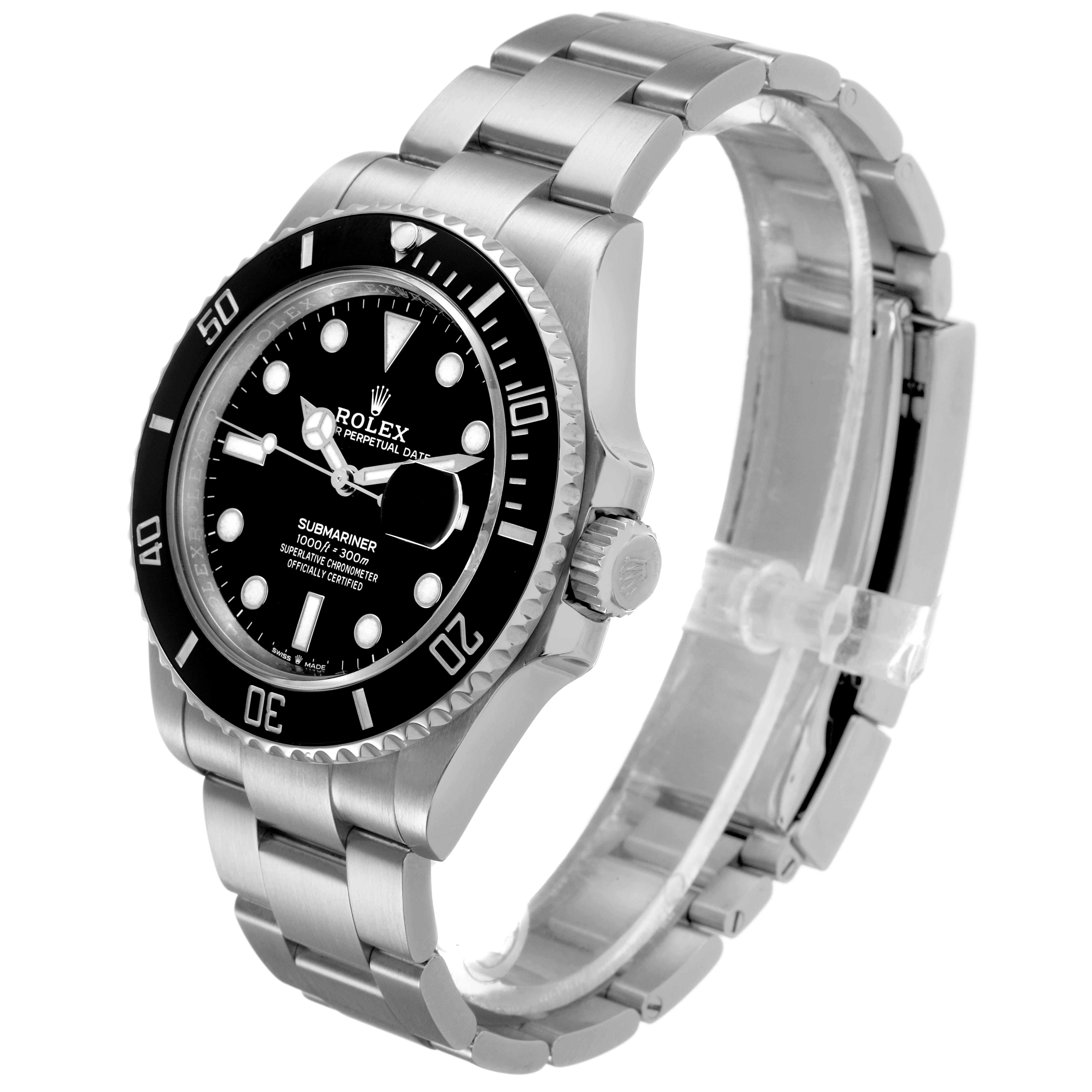 The Rolex Submariner 126610LN Men's Stainless Steel Black Dial is shown at a three-quarter angle, highlighting the dial, bezel, crown, and bracelet.