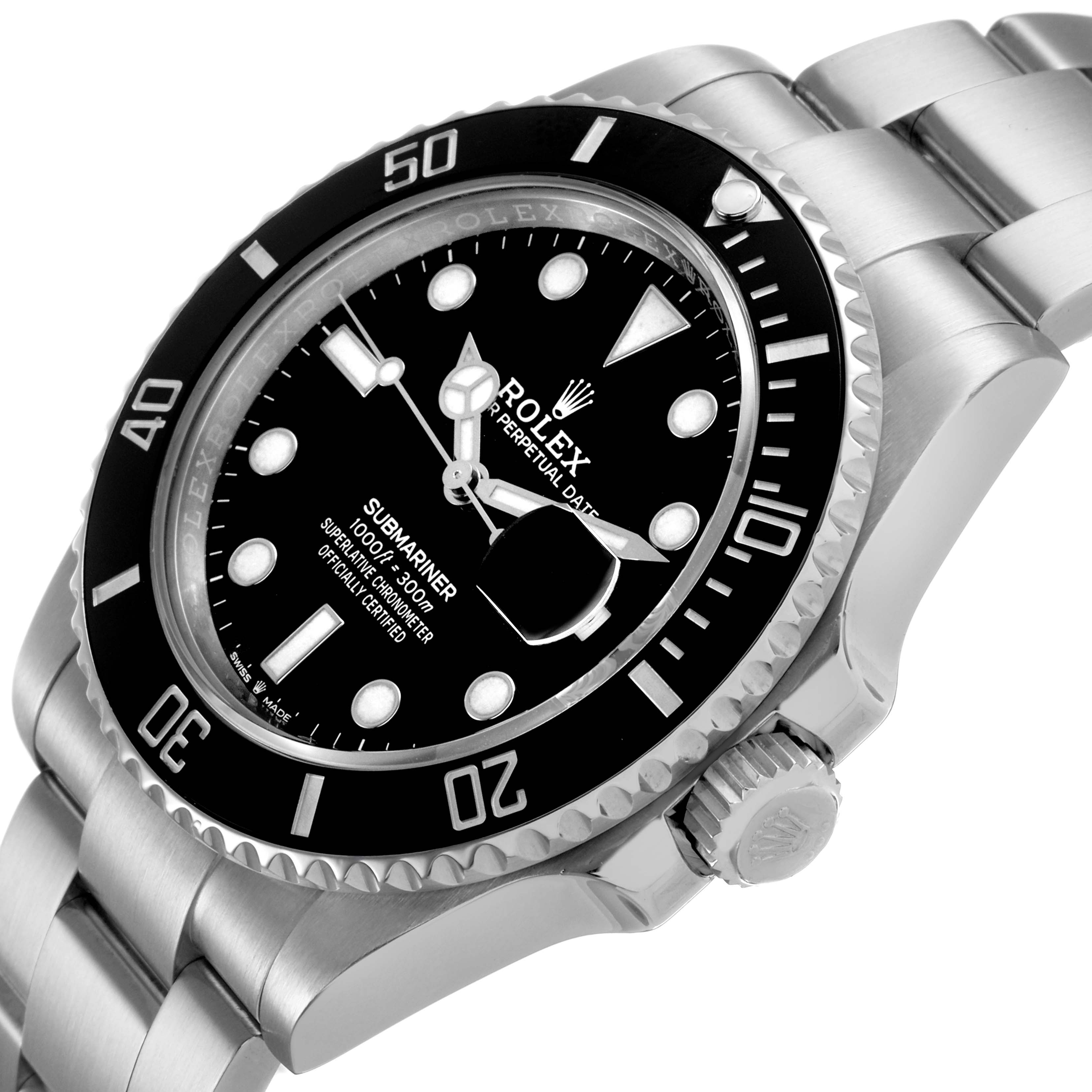 The Rolex Submariner 126610LN Men's Stainless Steel Black Dial watch is shown at a slight angle, highlighting the bezel, dial, crown, and part of the bracelet.