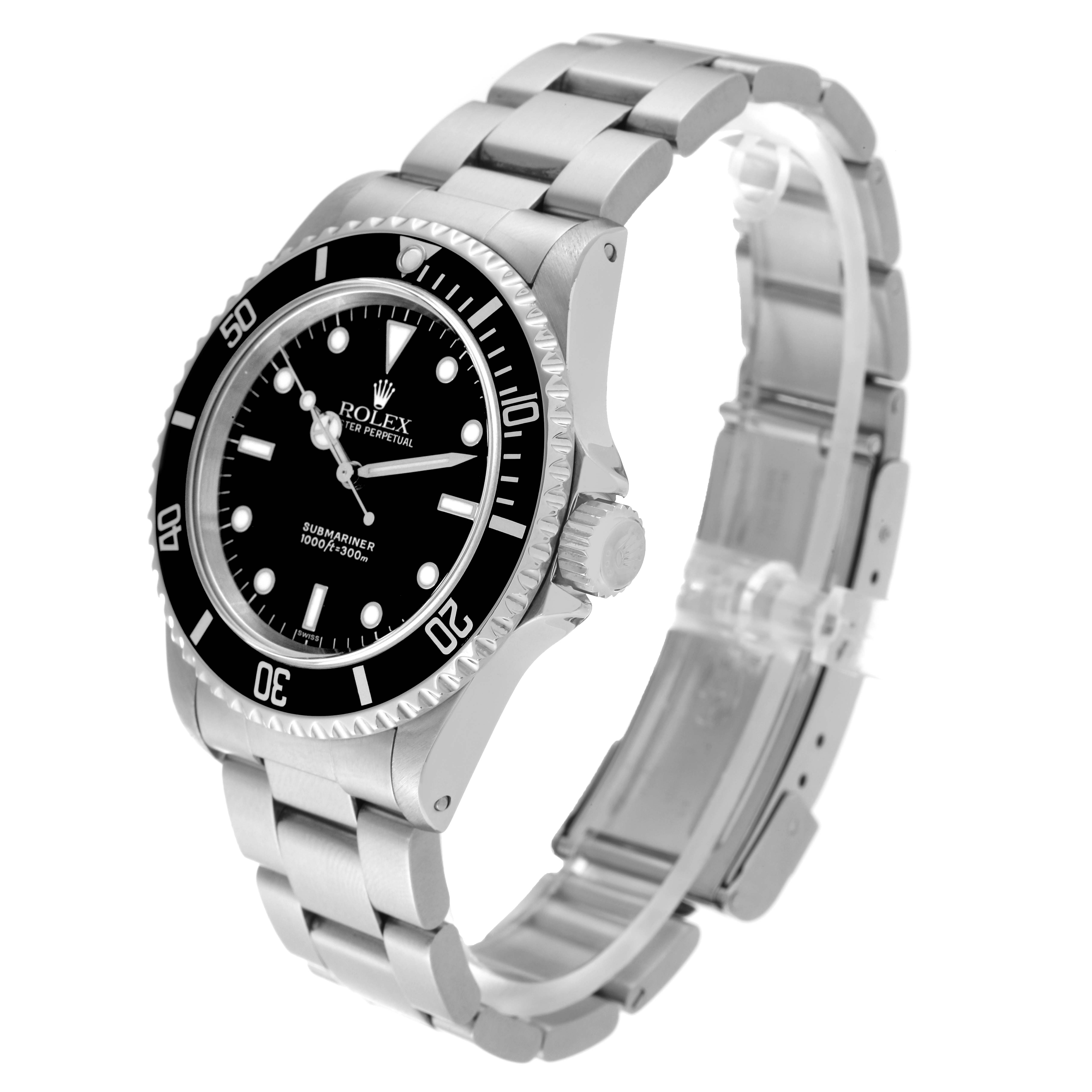 The image shows a side angle view of a Rolex Submariner 14060 Men
s Stainless Steel Black Dial 14060 Men
s Stainless Steel Black Dial watch, displaying its stainless steel bracelet, bezel, and crown.