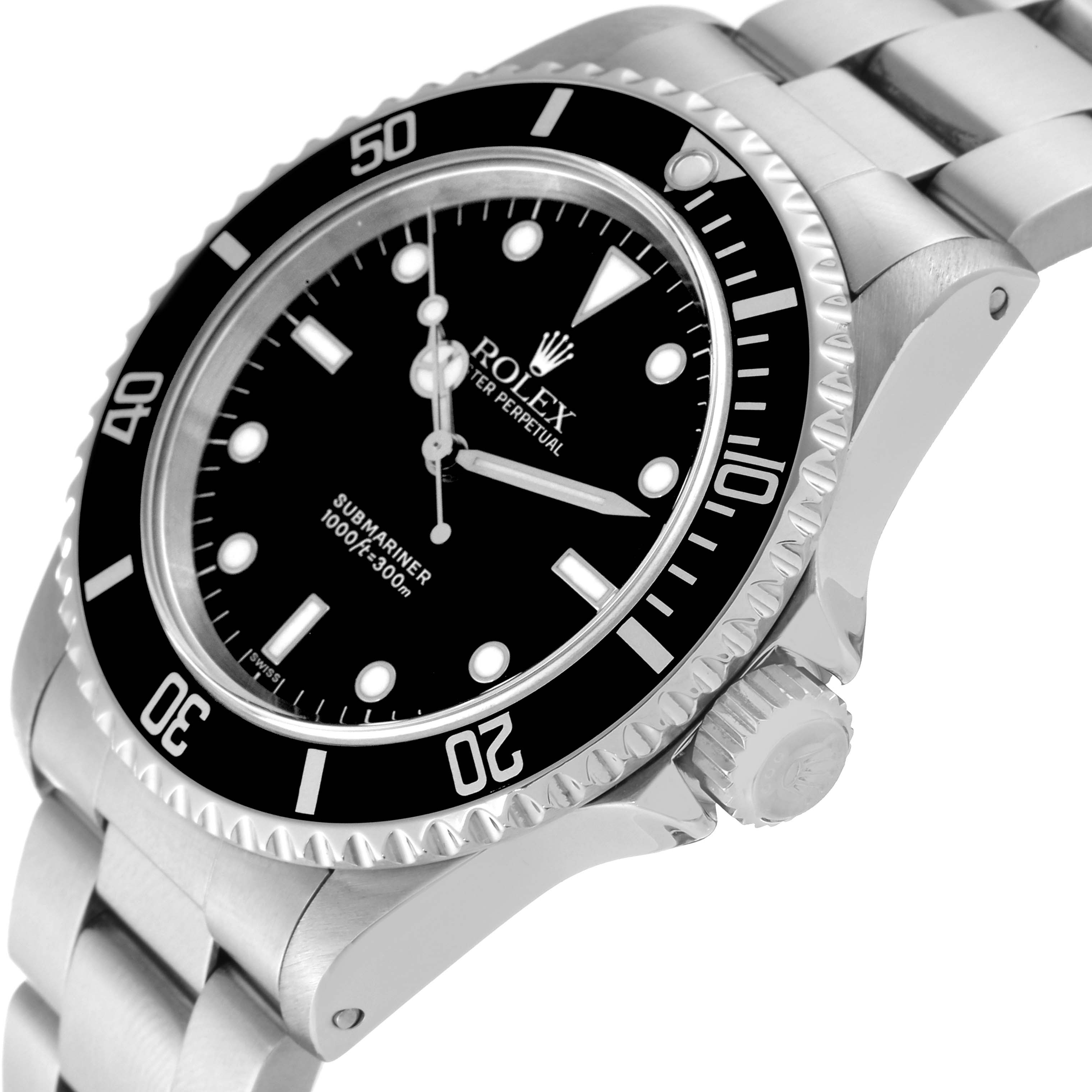 This image shows a side angle of a Rolex Submariner 14060 Men
s Stainless Steel Black Dial 14060 Men
s Stainless Steel Black Dial watch, highlighting the bezel, dial, and part of the bracelet.
