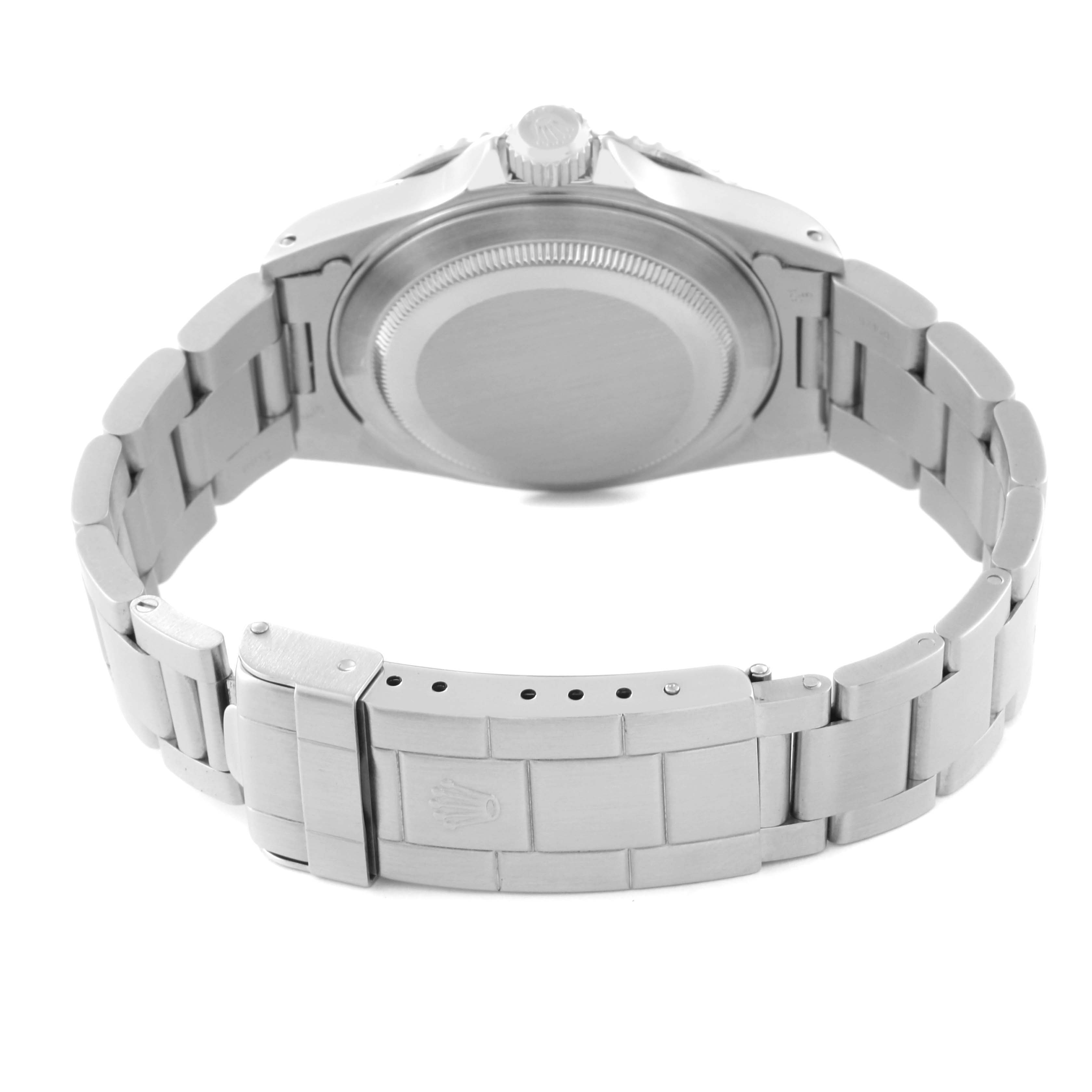 This image shows the back view of a Rolex Submariner 14060 Men
s Stainless Steel Black Dial 14060 Men
s Stainless Steel Black Dial watch, highlighting its case back and stainless steel bracelet.