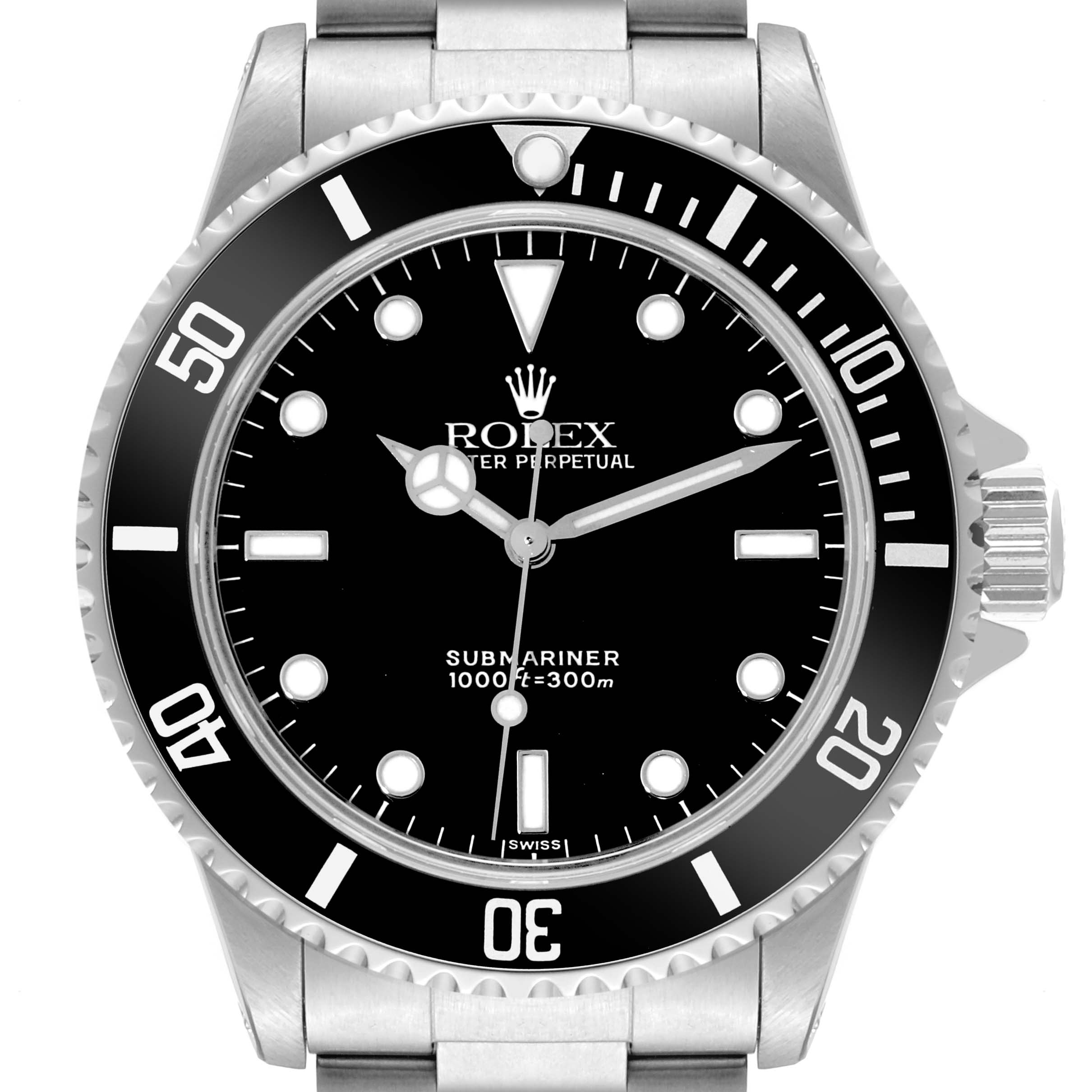 The Rolex Submariner 14060 Men
s Stainless Steel Black Dial 14060 Men
s Stainless Steel Black Dial watch is shown from the front, showcasing its bezel, dial, and bracelet top portion.