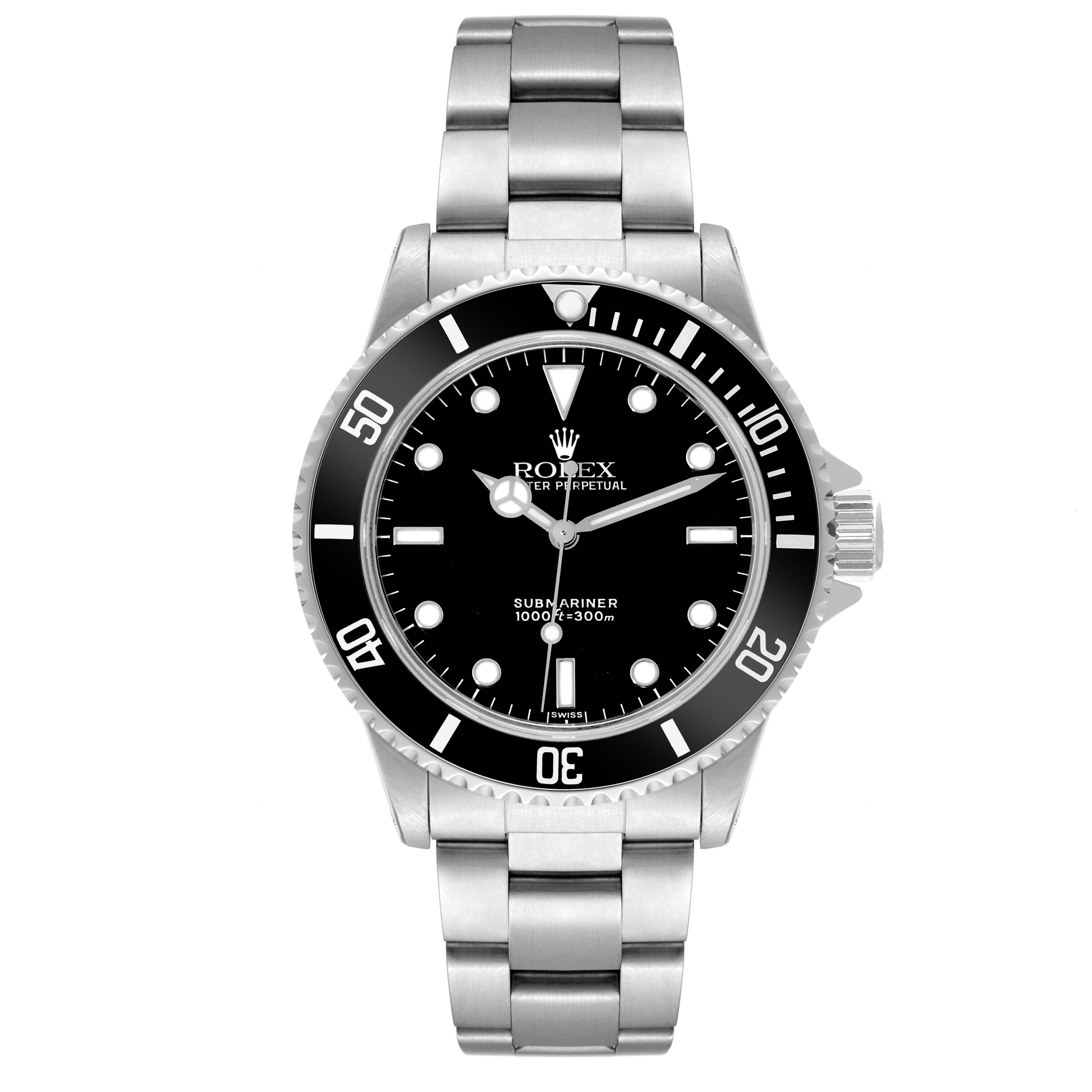 This image shows a front view of the Rolex Submariner 14060 Men
s Stainless Steel Black Dial 14060 Men
s Stainless Steel Black Dial watch, displaying its bezel, dial, hands, band, and crown.