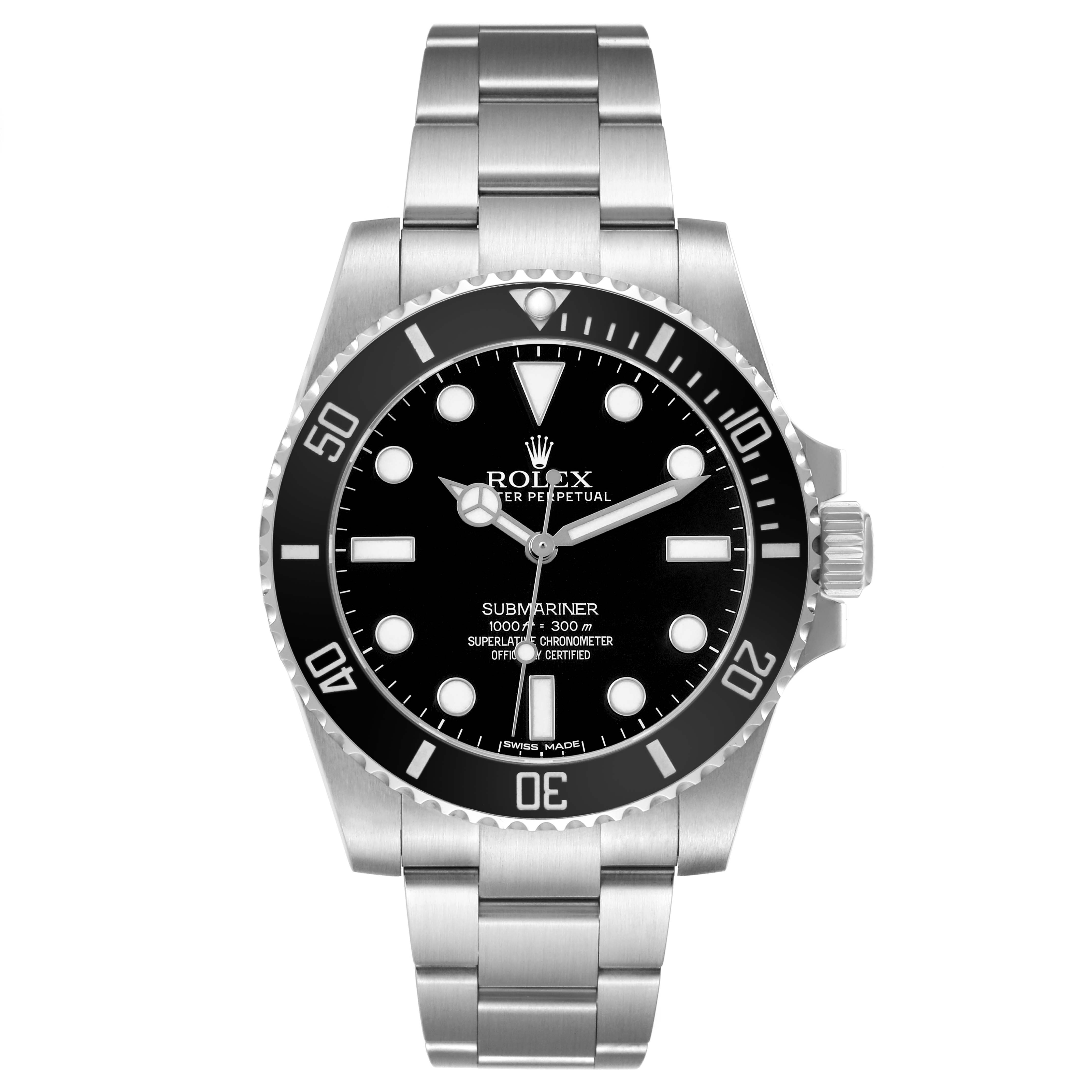 The image shows a front view of the Rolex Submariner 114060 Men's Stainless Steel Black Dial watch, displaying its dial, bezel, and stainless steel bracelet.
