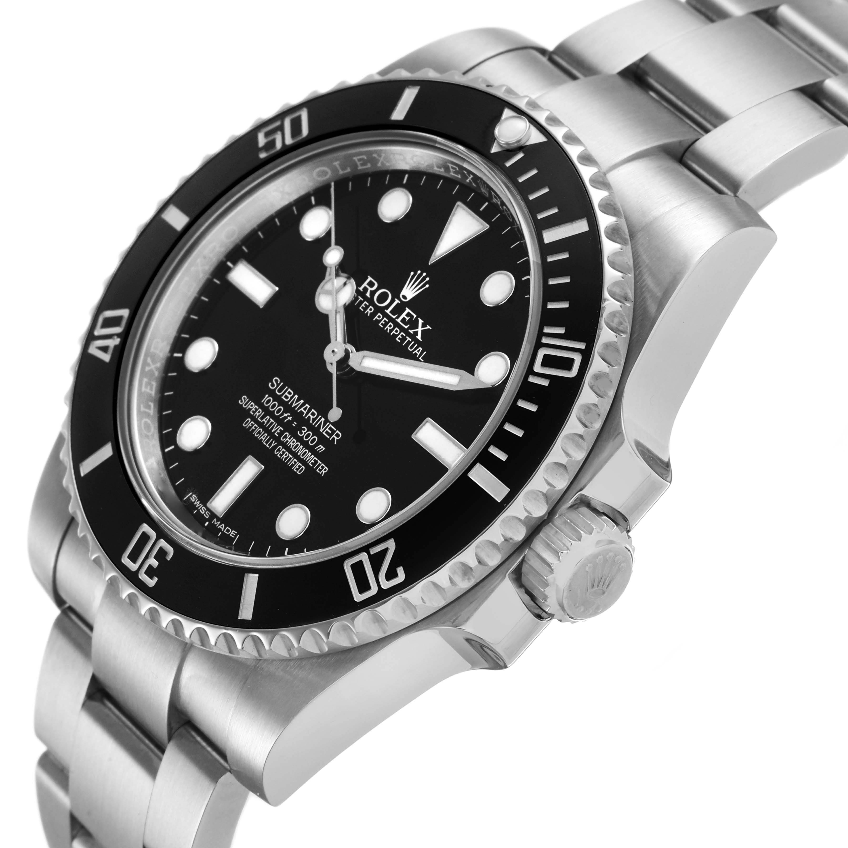 The Rolex Submariner 114060 Men's Stainless Steel Black Dial watch is shown at an angled side view, highlighting the bezel, crown, and bracelet.