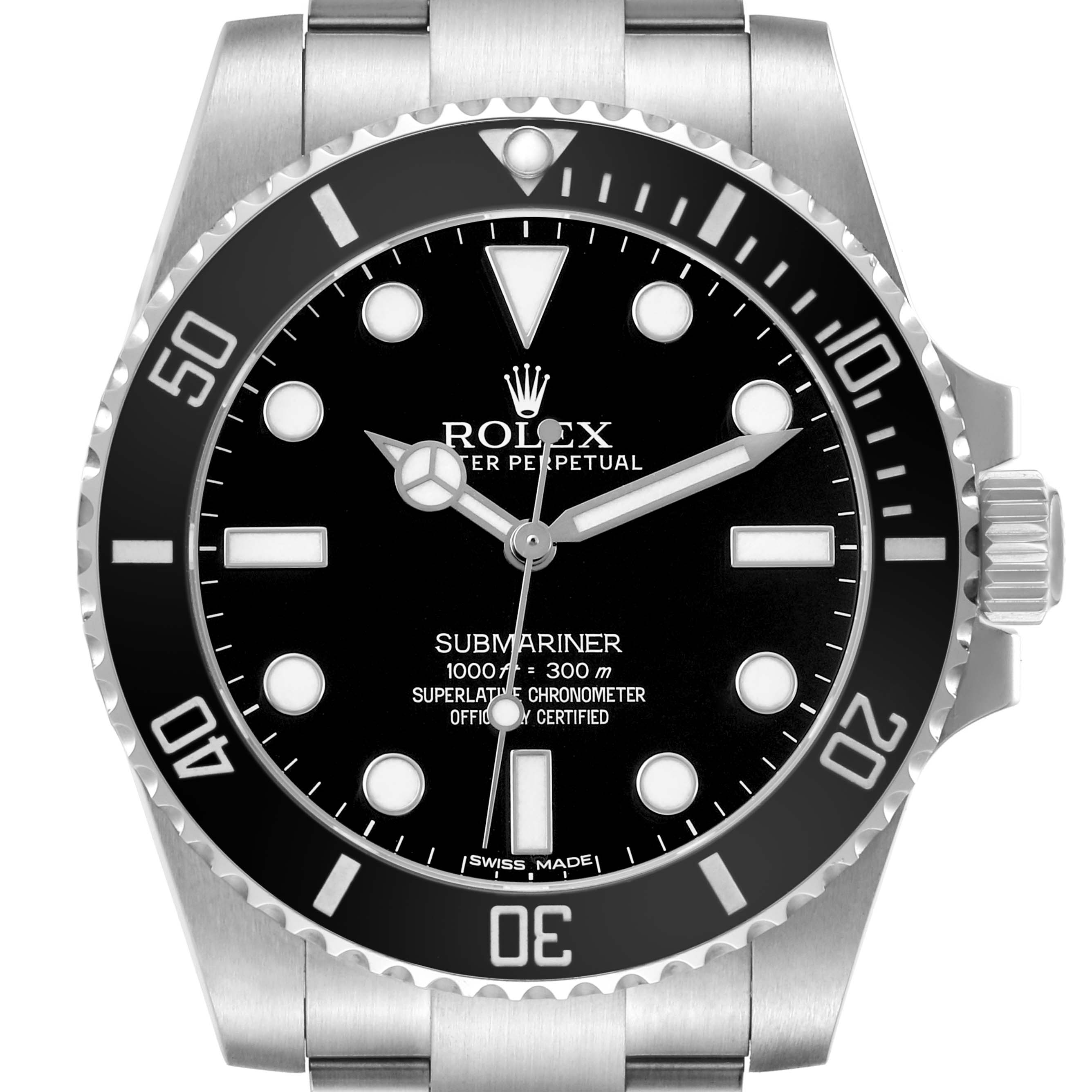 The image shows a front view of the Rolex Submariner 114060 Men's Stainless Steel Black Dial, displaying the dial, bezel, and part of the bracelet.
