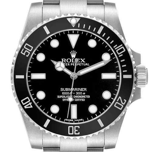 The Rolex Submariner 114060 Men's Stainless Steel Black Dial watch is shown from a front angle, displaying its bezel, dial, and crown.