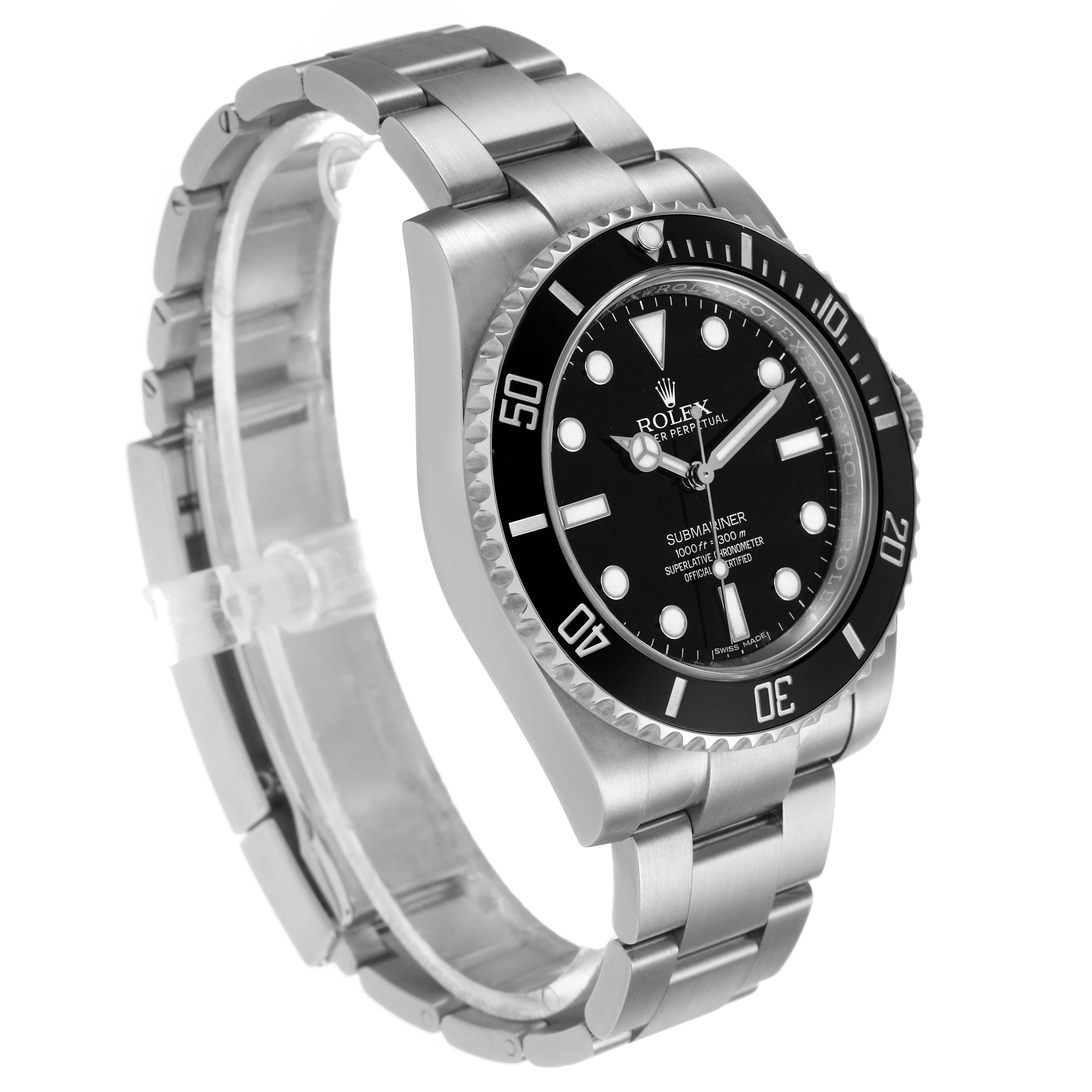 The Rolex Submariner 114060 Men's Stainless Steel Black Dial watch is shown at an oblique angle, displaying the dial, bezel, and part of the bracelet.