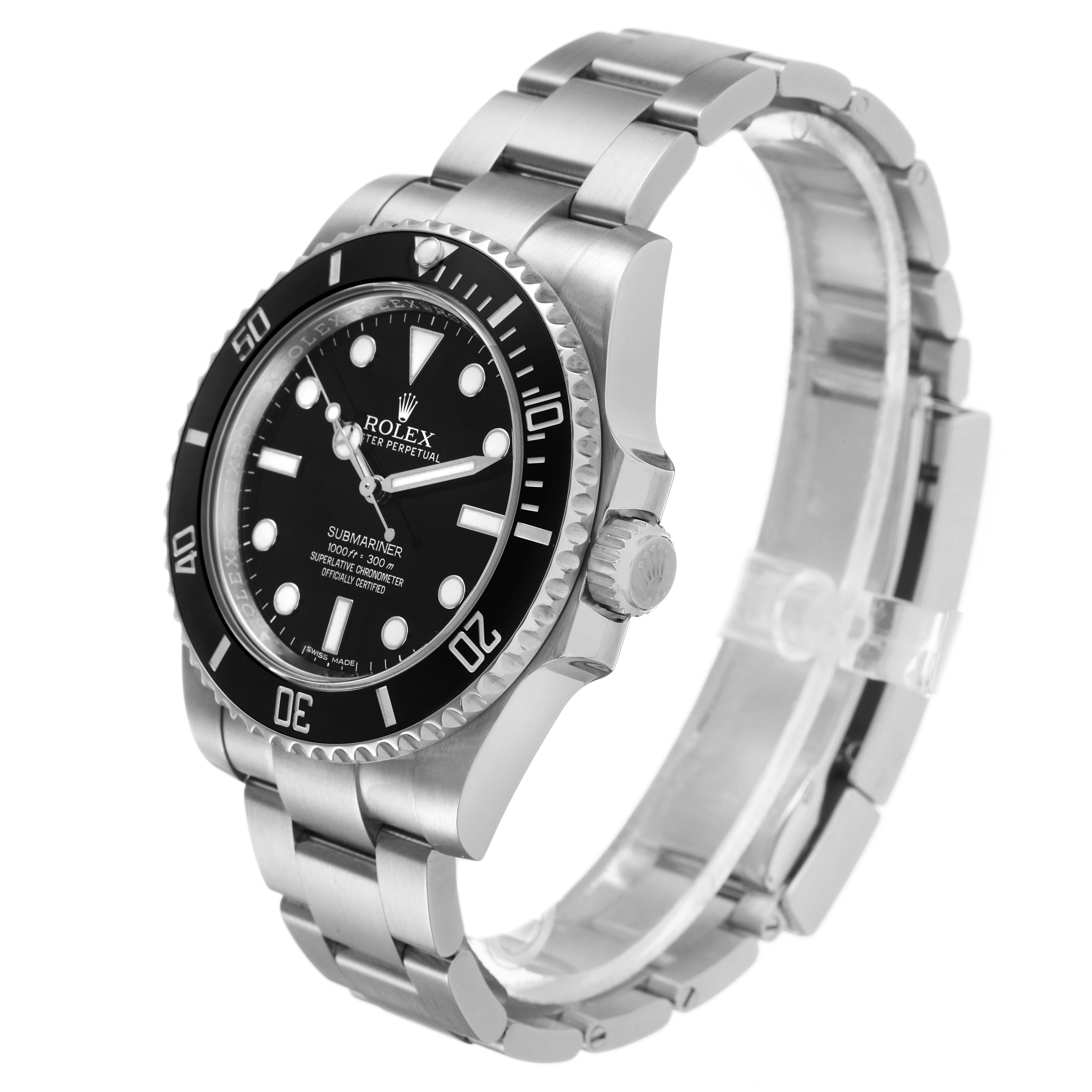 The Rolex Submariner 114060 Men's Stainless Steel Black Dial watch is shown at a three-quarter angle, highlighting the bezel, dial, crown, and bracelet.
