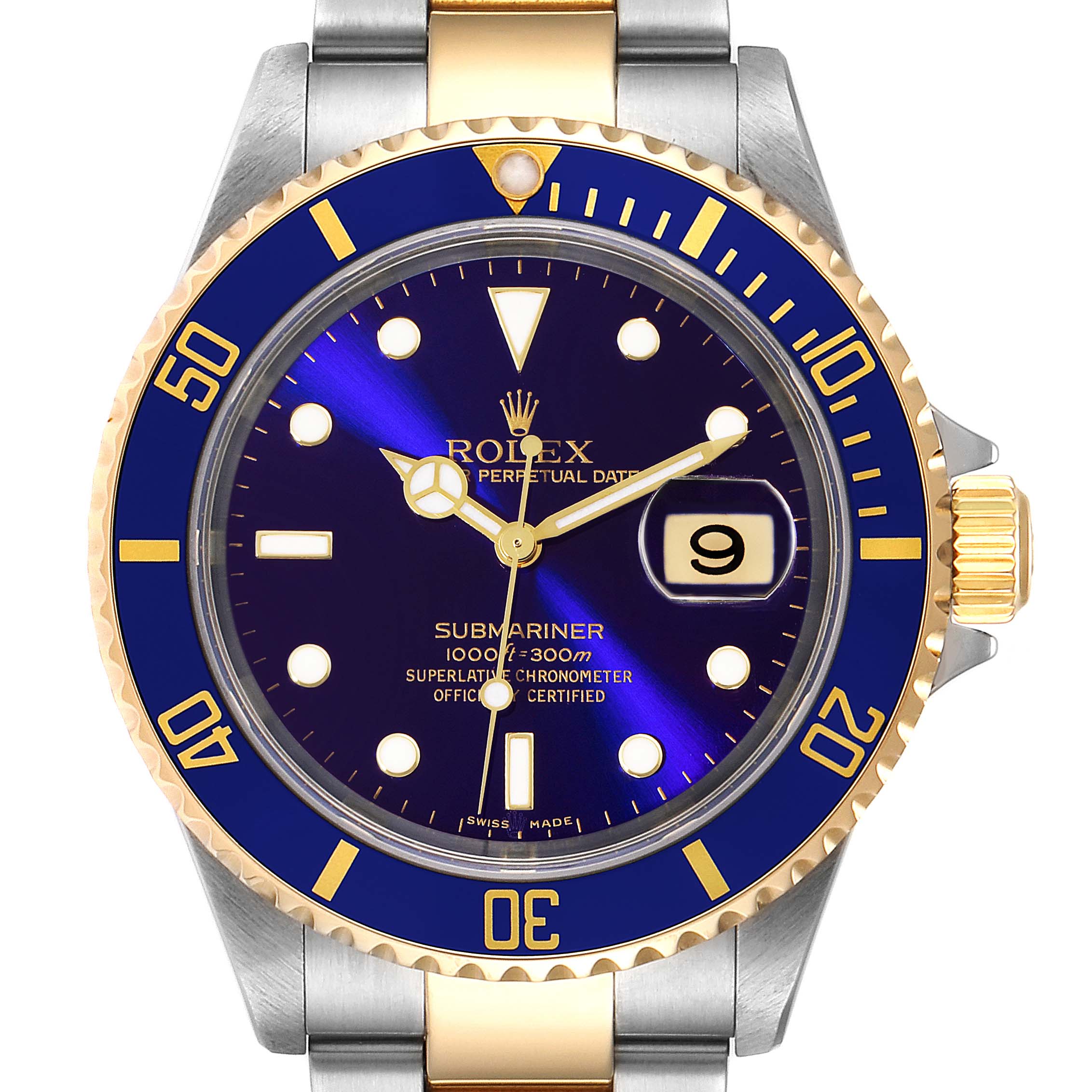 This image shows a front view of a Rolex Submariner 16613 Men
s Steel and Gold (two tone) Blue Dial 16613 Men
s Steel and Gold (two tone) Blue Dial watch, highlighting its bezel, dial, hands, date window, and case.