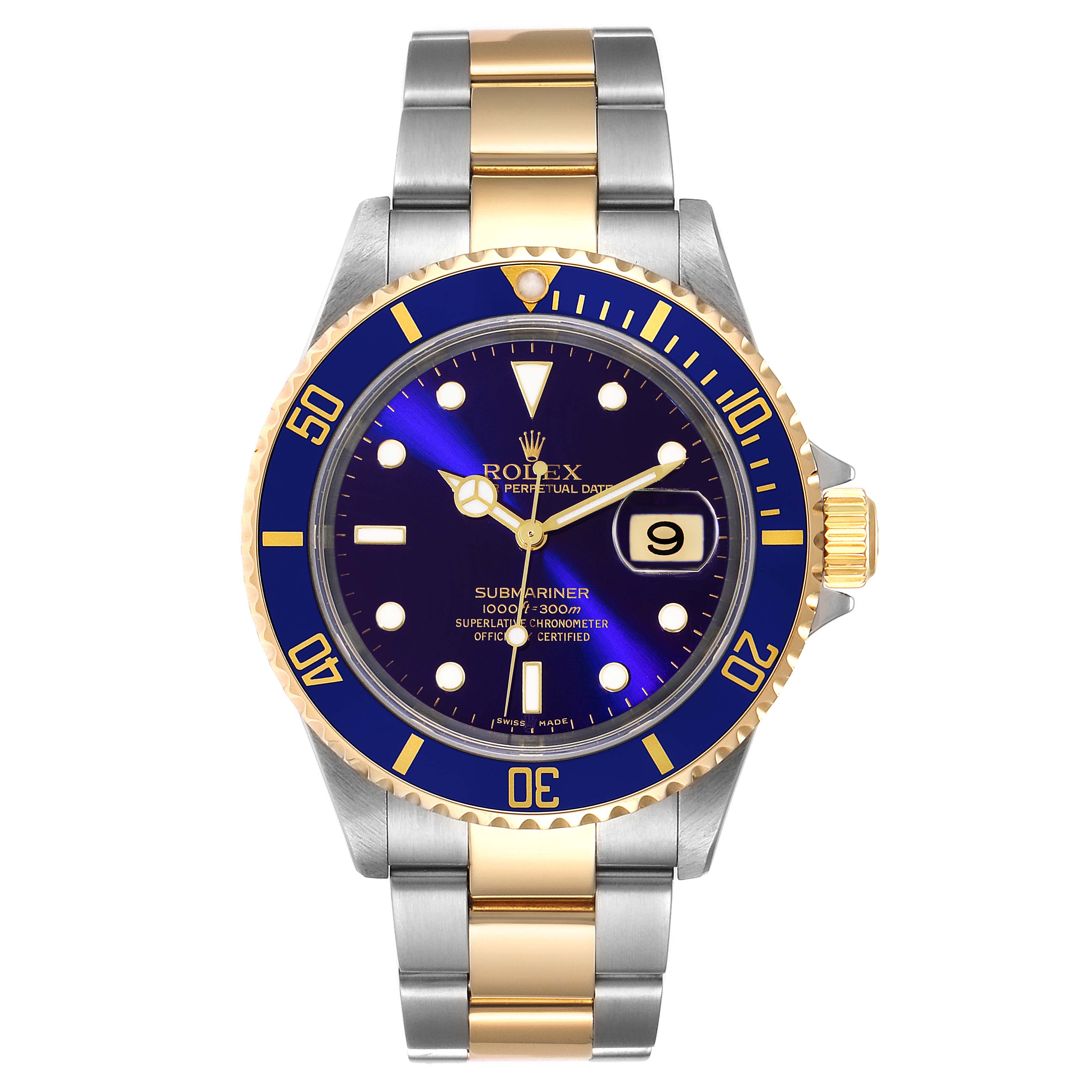 The Rolex Submariner 16613 Men
s Steel and Gold (two tone) Blue Dial 16613 Men
s Steel and Gold (two tone) Blue Dial watch is shown from a front view, highlighting its blue dial, bezel, and two-tone bracelet.