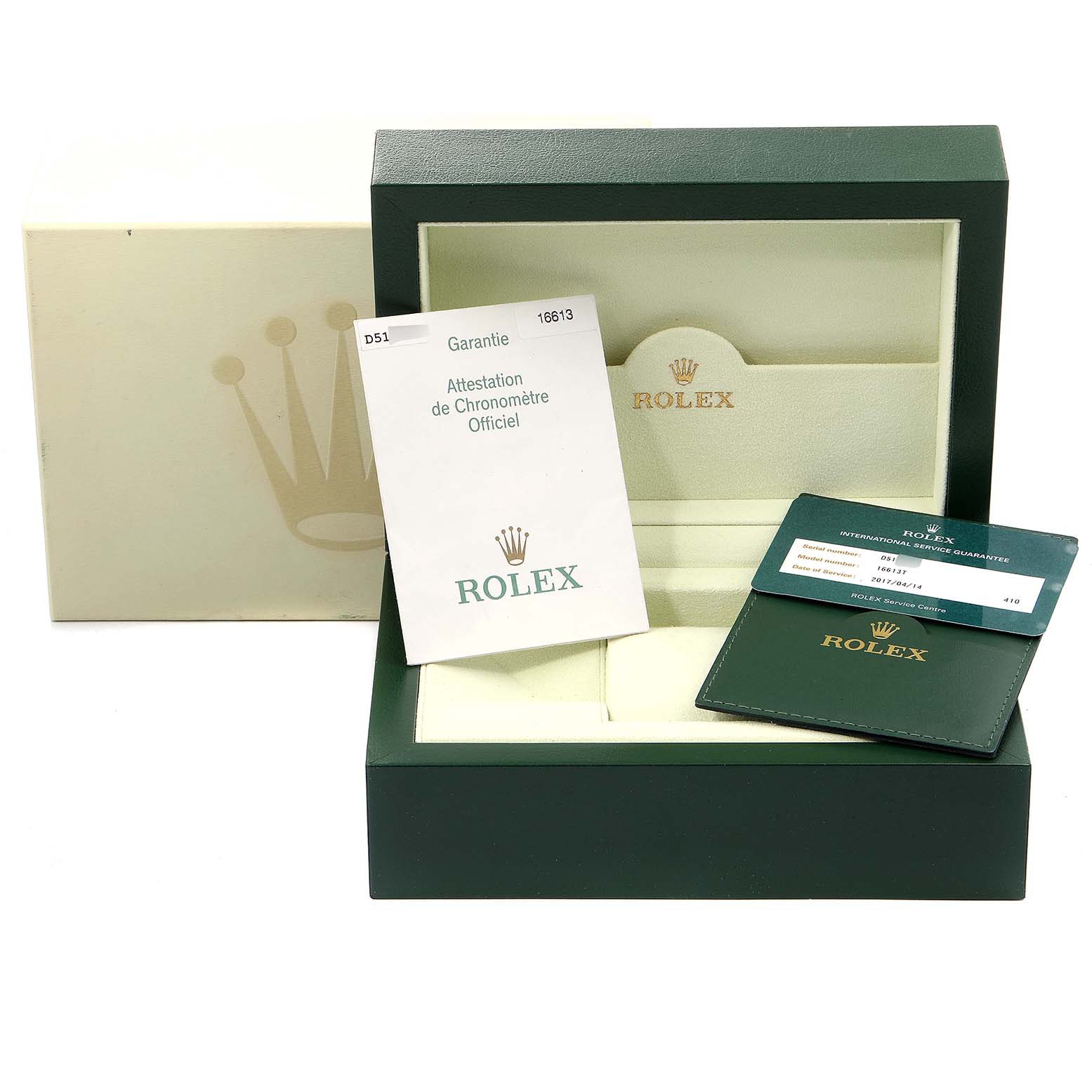 The image shows the open green box, warranty card, and booklet for a Rolex Submariner 16613 Men
s Steel and Gold (two tone) Blue Dial 16613 Men
s Steel and Gold (two tone) Blue Dial watch.