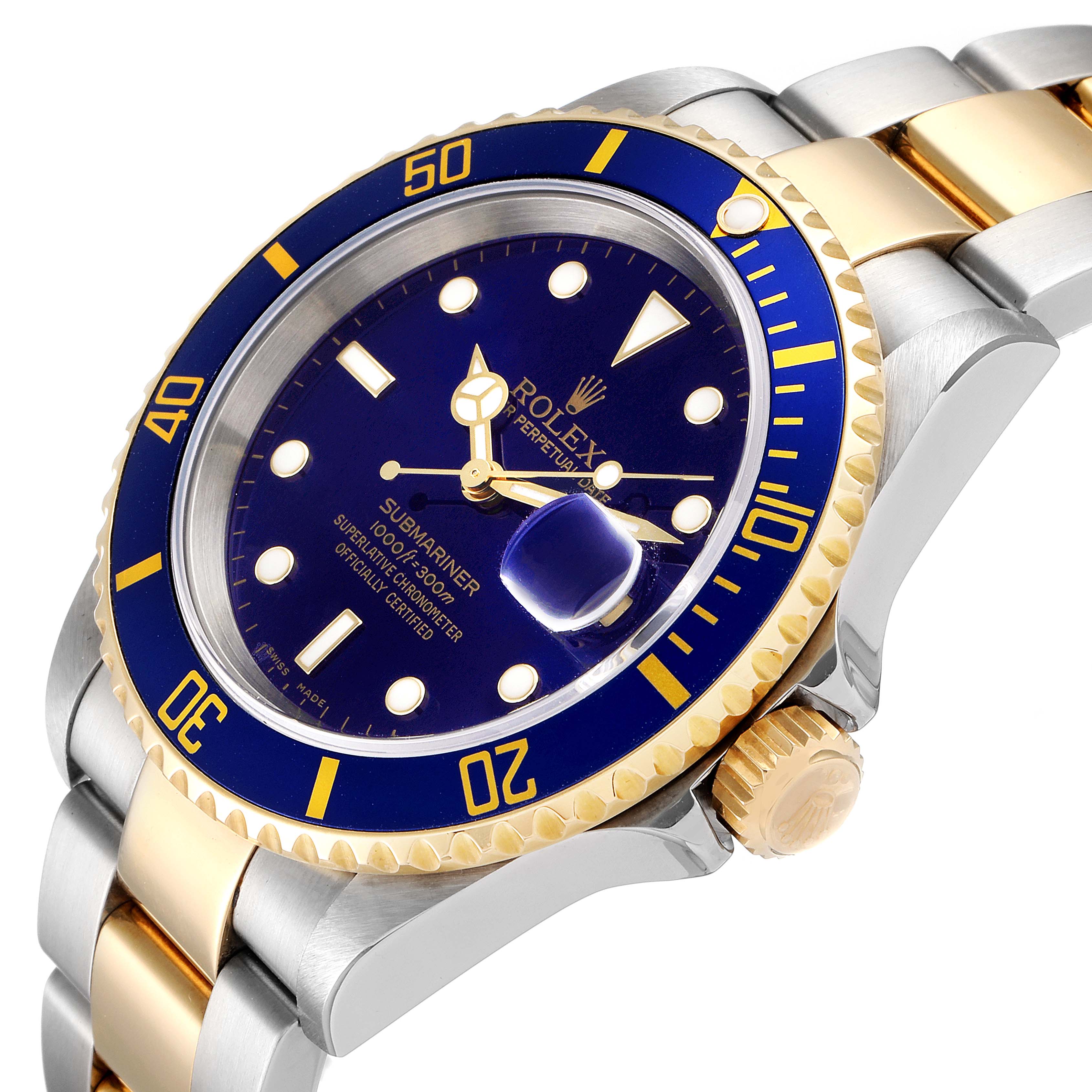 The image shows a close-up side angle of a Rolex Submariner 16613 Men
s Steel and Gold (two tone) Blue Dial 16613 Men
s Steel and Gold (two tone) Blue Dial, displaying the bezel, crown, and part of the bracelet.